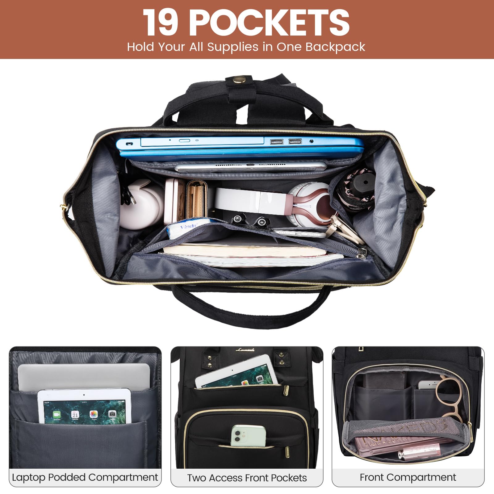 LOVEVOOK 15.6 Inch Laptop Backpack for Women - Waterproof Professional Computer Bag with USB Charging Port - Perfect for Work, Travel, College, Nursing & Teaching (Black)