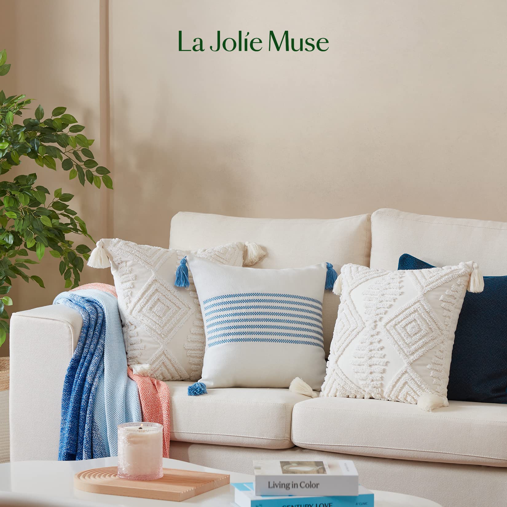 LA JOLIE MUSE Boho Throw Pillow Covers Set of 2 - 20x20 Inch Farmhouse Decorative Square Pillow Cases for Couch, Sofa & Bed - Blue and White Striped Design - Perfect for Living Room, Bedroom & Home Decor