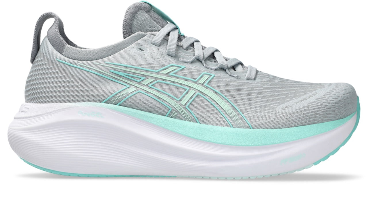 ASICS Women's Gel-Nimbus 27 Wide Running Shoes - Piedmont Grey/Illuminate Mint - Cushioned Support for Long Distance Running & Gym Workouts