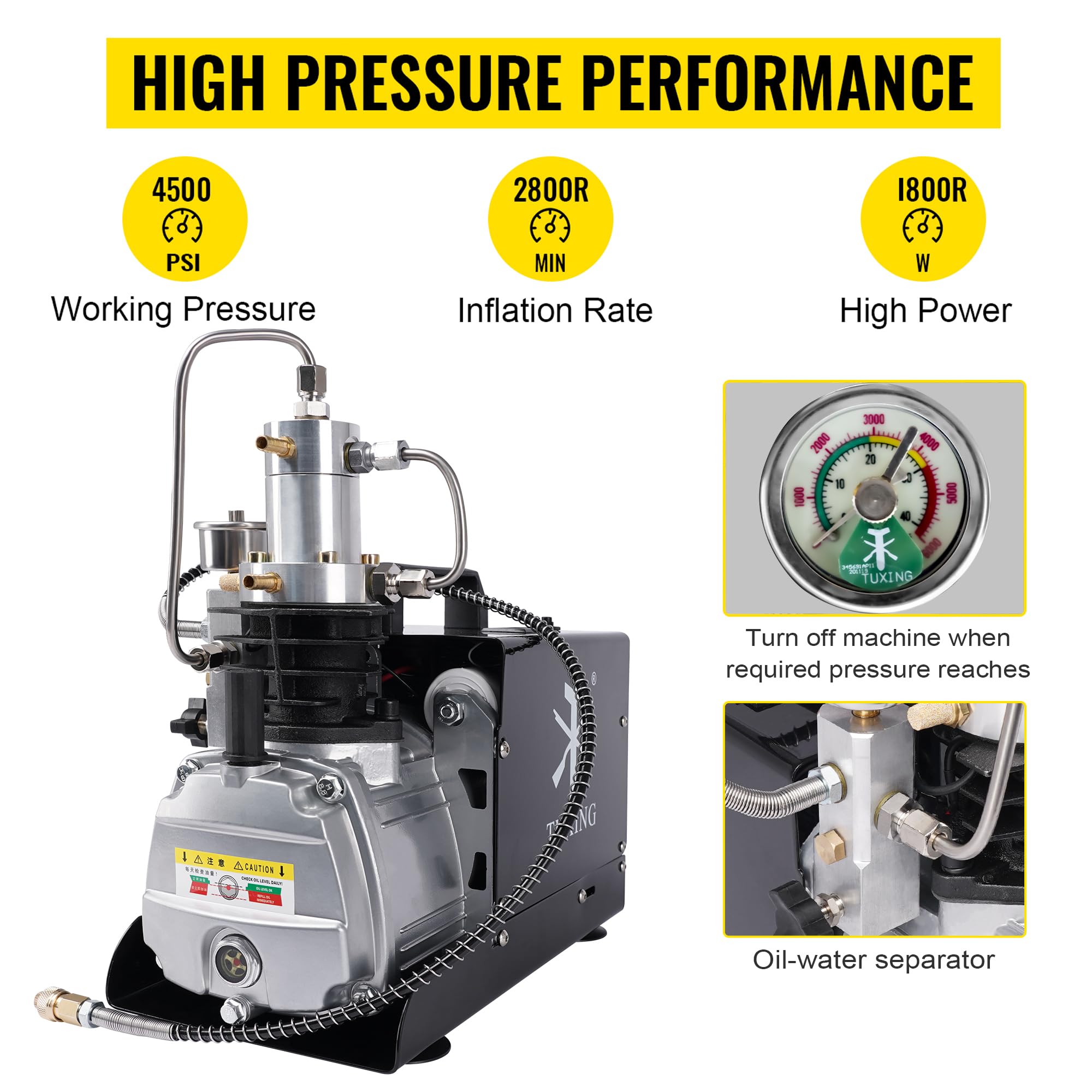TUXING 4500Psi PCP Air Compressor with Adjustable Auto Stop - High Pressure Water Cooling Pump for PCP Air Rifles & Scuba Tank Charging - 110V Portable Compressor for Hunting, Paintball & Diving (Model TXES022)