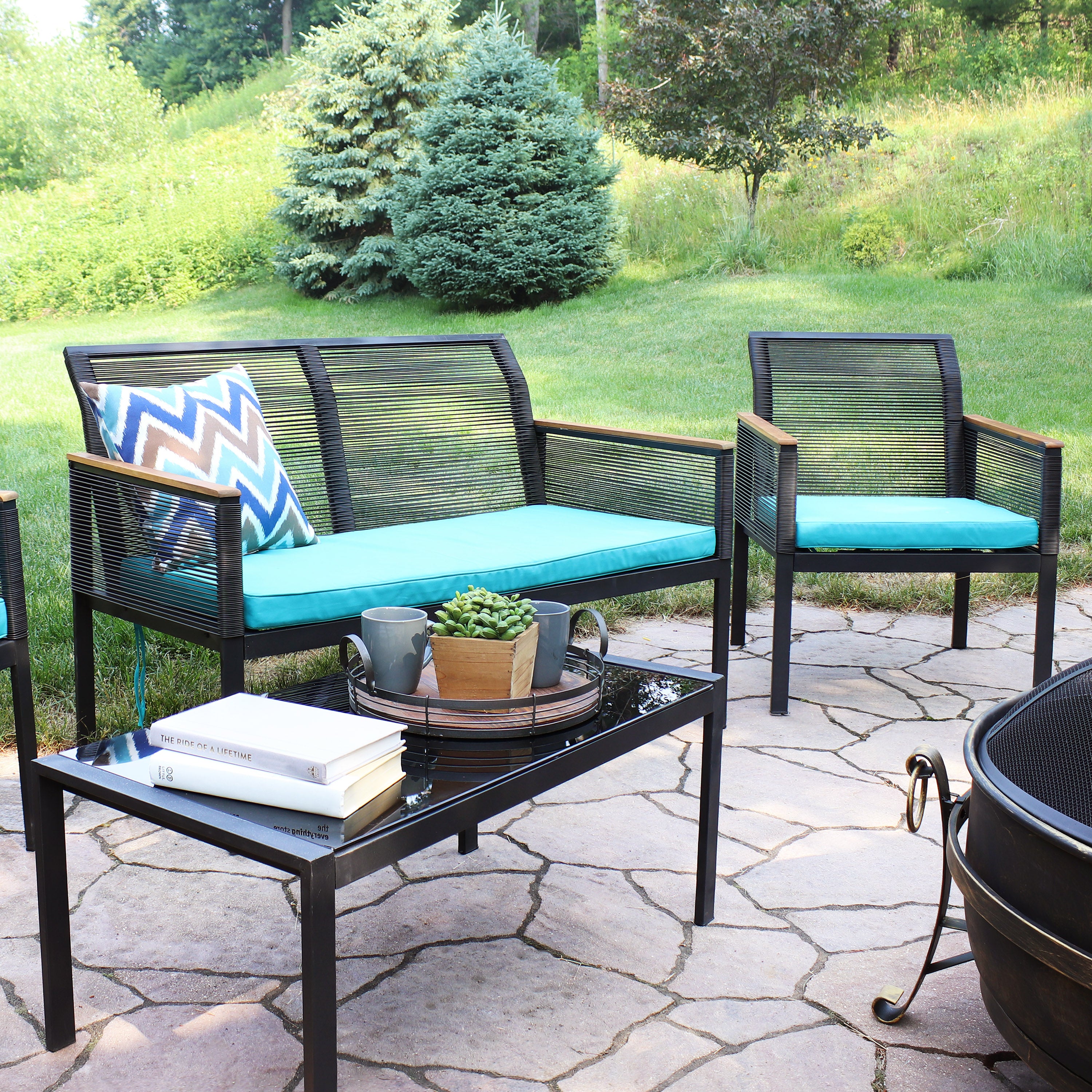 Sunnydaze Coachford 4-Piece Resin Rattan Patio Furniture Set for Outdoor Living - Perfect for Backyard, Garden, Poolside & Deck Relaxation