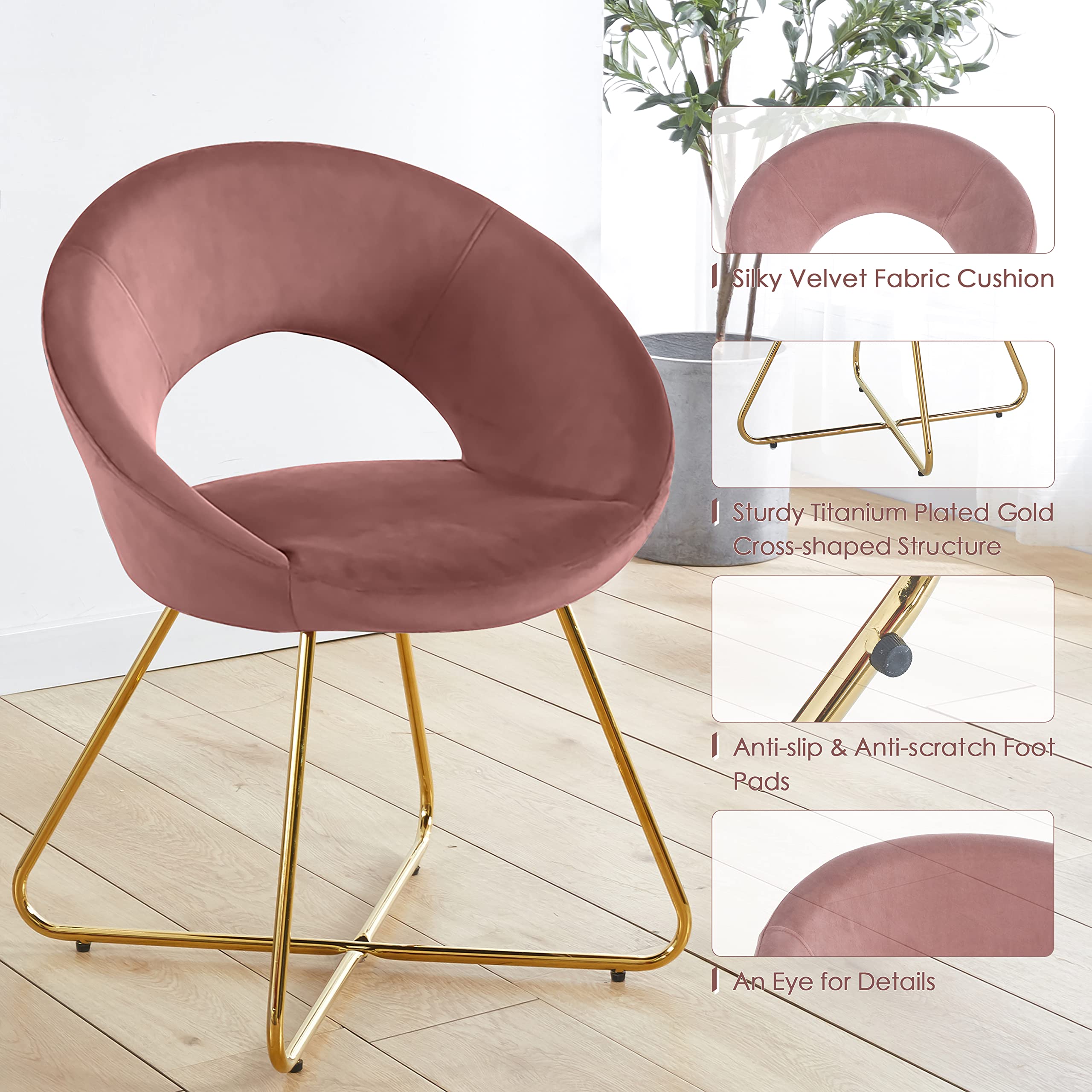 Luxury Velvet Accent Chairs Set of 2 - Modern Upholstered Comfortable Desk Chairs with Gold Base for Living Room, Bedroom & Dining Room | Perfect as Vanity Chair, Makeup Chair or Home Office Seating (Pink Velvet)