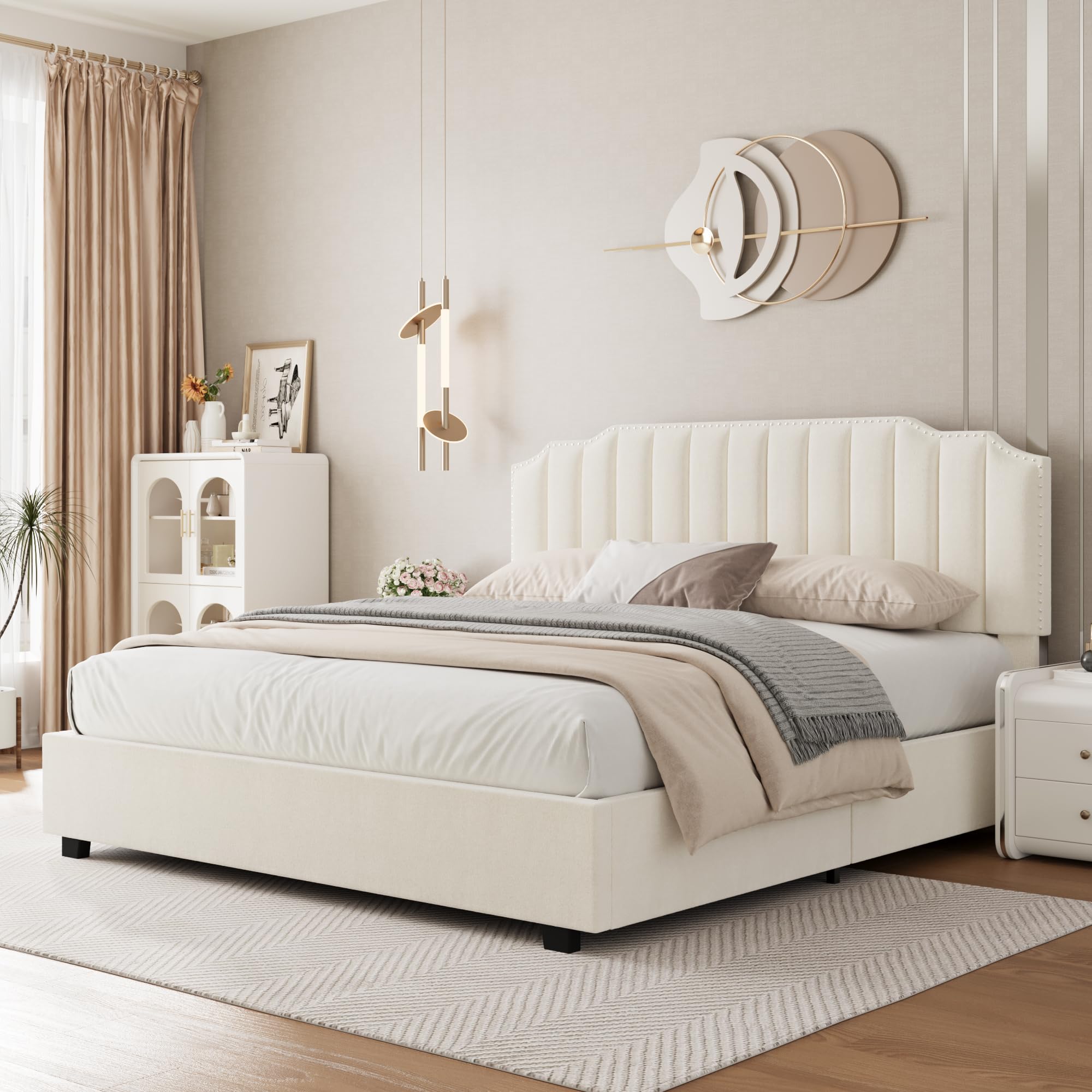 Harper & Bright Designs Queen Size Platform Bed with Lift-Up Storage - Velvet Upholstered Bed Frame with Headboard & Wood Slats | Noise-Free Bedroom Furniture (Beige) | Perfect for Small Spaces & Guest Rooms