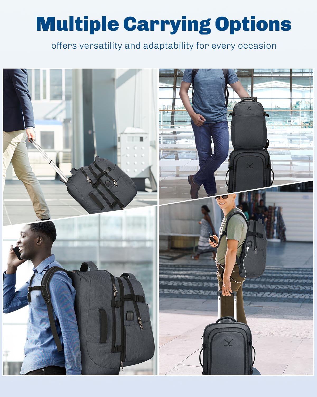 Hynes Eagle 22 Inch Rolling Backpack - 2 in 1 Wheeled Carry On Luggage for Air Travel, 63L Spacious Travel Backpack for Women & Men | Perfect for Business Trips, Weekend Getaways & International Vacations