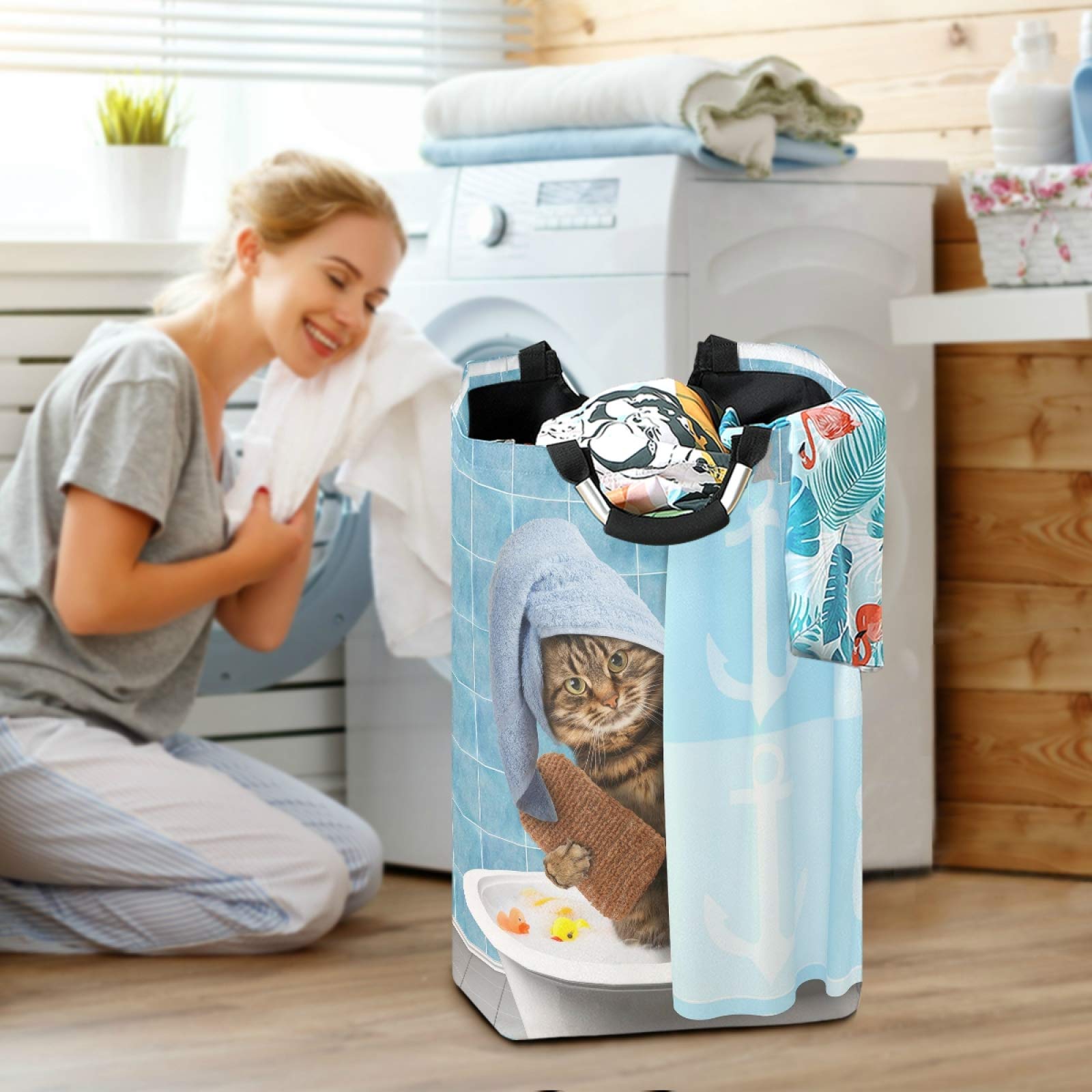 Funny Cat Shower Curtain Laundry Hamper - Foldable Waterproof Dirty Clothes Basket with Handles for Bathroom & Bedroom Storage | Perfect for Toy Organization, Bathroom Decor & Pet Lover Gifts