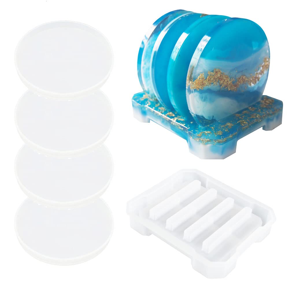 4-Piece Round Silicone Resin Coaster Molds Set with Unique Holder - DIY Epoxy Resin Casting Kit for Handmade Coasters, Cup Mats & Home Decor - Perfect for Crafting, Gift Making & Table Setting