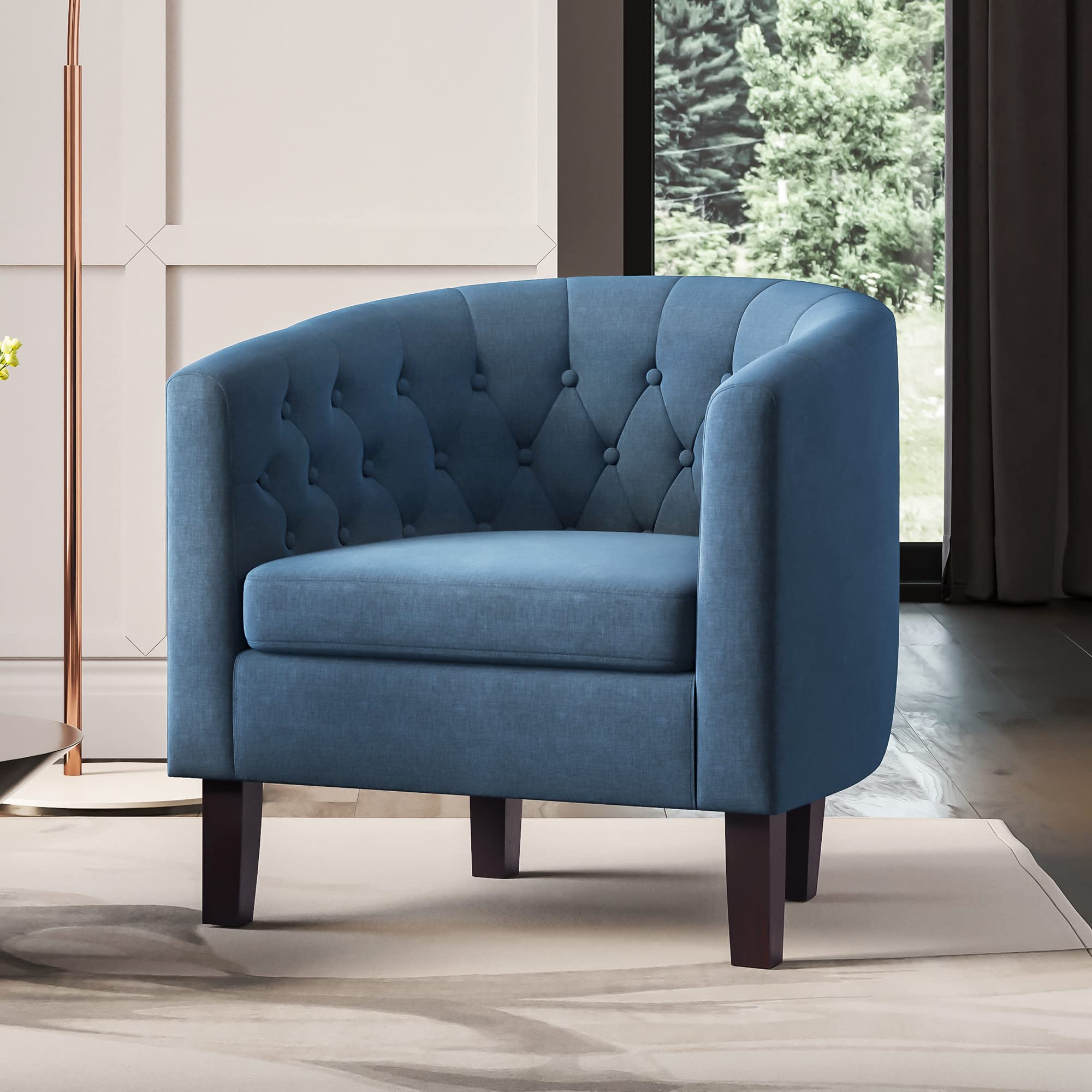 BELLEZE Navy Blue Accent Chair - Elegant Tufted Upholstered Barrel Club Chair with Sturdy Legs & Linen Fabric for Living Room & Bedroom | Perfect for Reading Nooks, Home Office & Lounge Areas (Berlinda Collection)