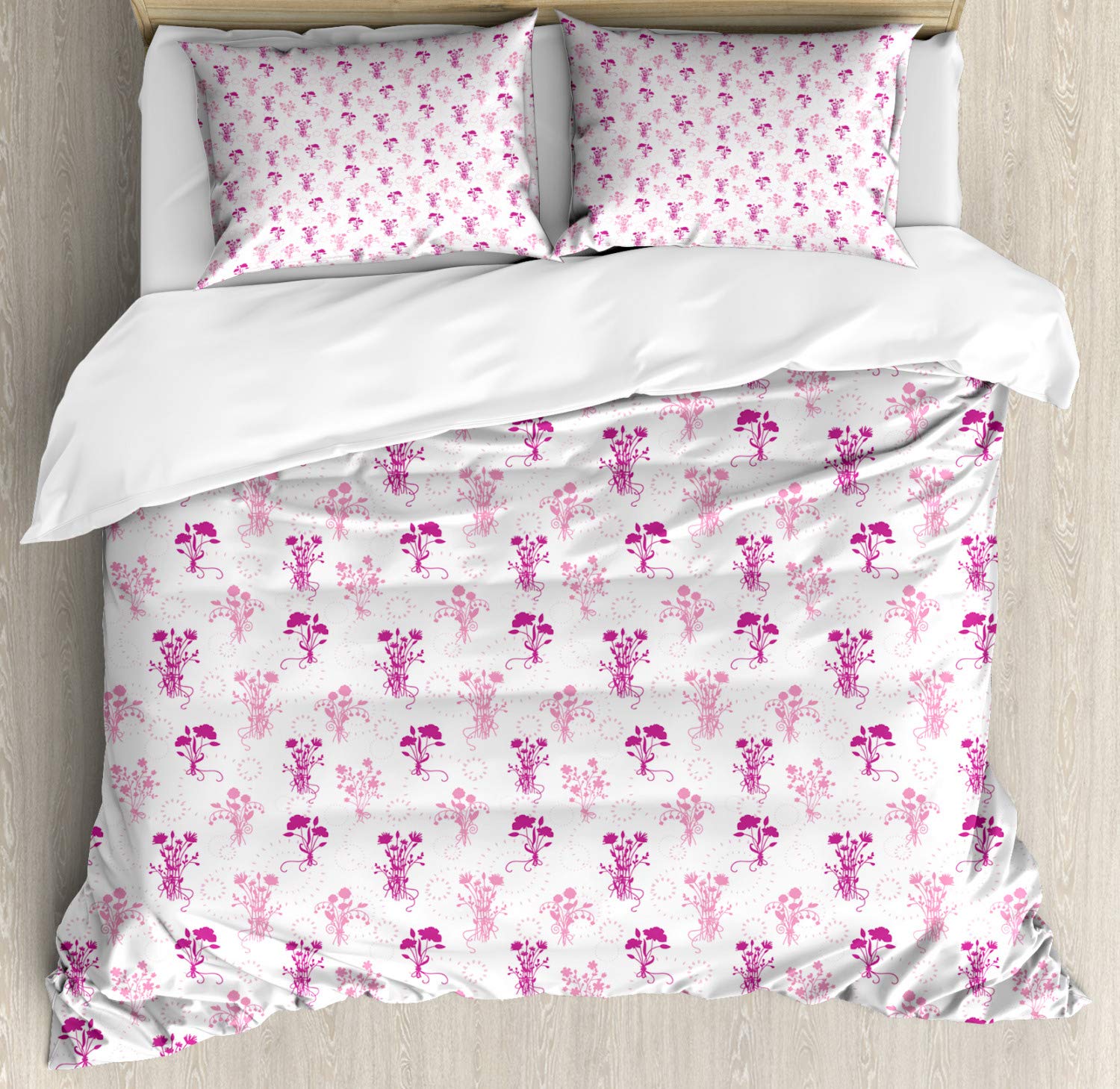 Ambesonne Botanical Duvet Cover Set - Queen Size 3-Piece Bedding with Flower Bouquet Design in Dark Magenta & Pale Pink | Includes 2 Pillow Shams | Perfect for Master Bedroom, Guest Room & Bohemian Home Decor