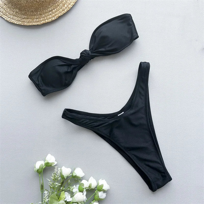 Women's High Cut Bikini Set 2024 - Brazilian Knotted Bandeau & Cheeky Bottoms Swimwear | Sexy Two Piece Bathing Suit for Beach, Pool & Vacation