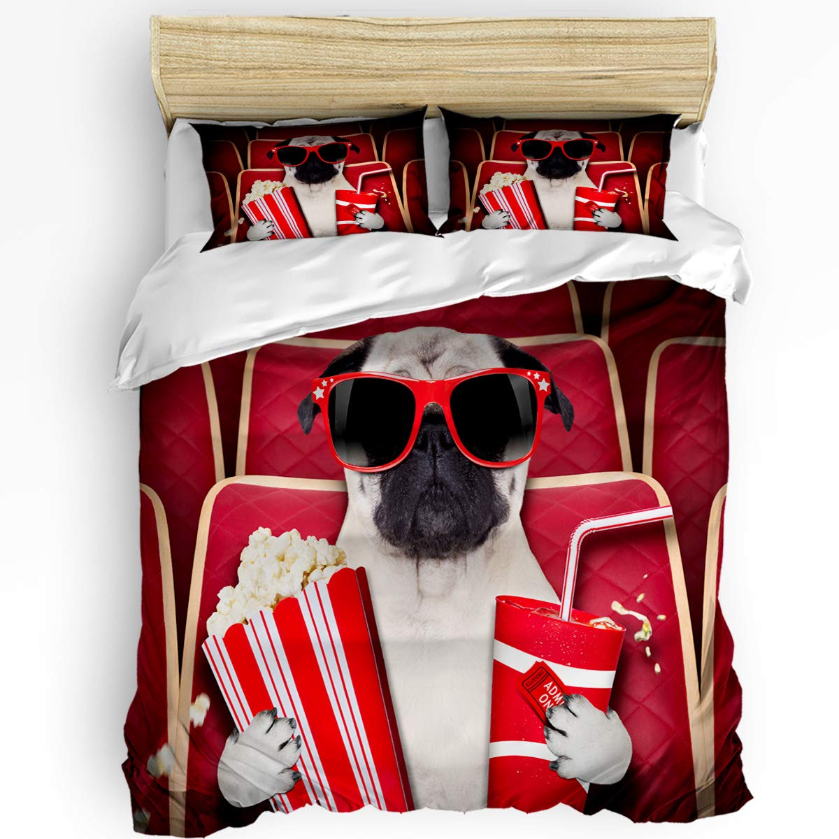 Funny Dog Wearing Glasses Holding Popcorn & Soda Duvet Cover Set - 3 Piece Luxury Soft Comforter Cover with Hidden Zipper, Machine Washable Queen Size - Perfect for Pet Lovers' Bedroom Decor & Movie Night Theme
