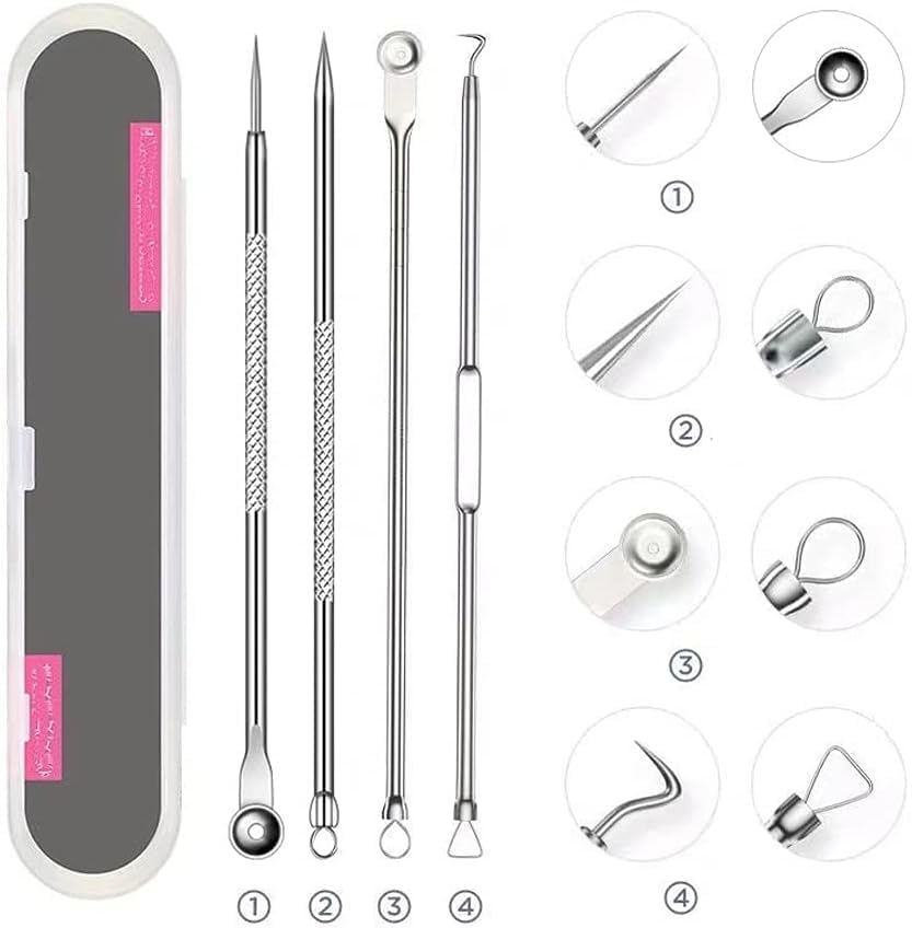 MeeTo Blackhead & Acne Removal Kit - 4 Pcs Stainless Steel Comedone Extractor Tools for Face & Nose - Professional Pimple Popper for Women & Men - Perfect for Skincare Routine & Blemish Treatment at Home