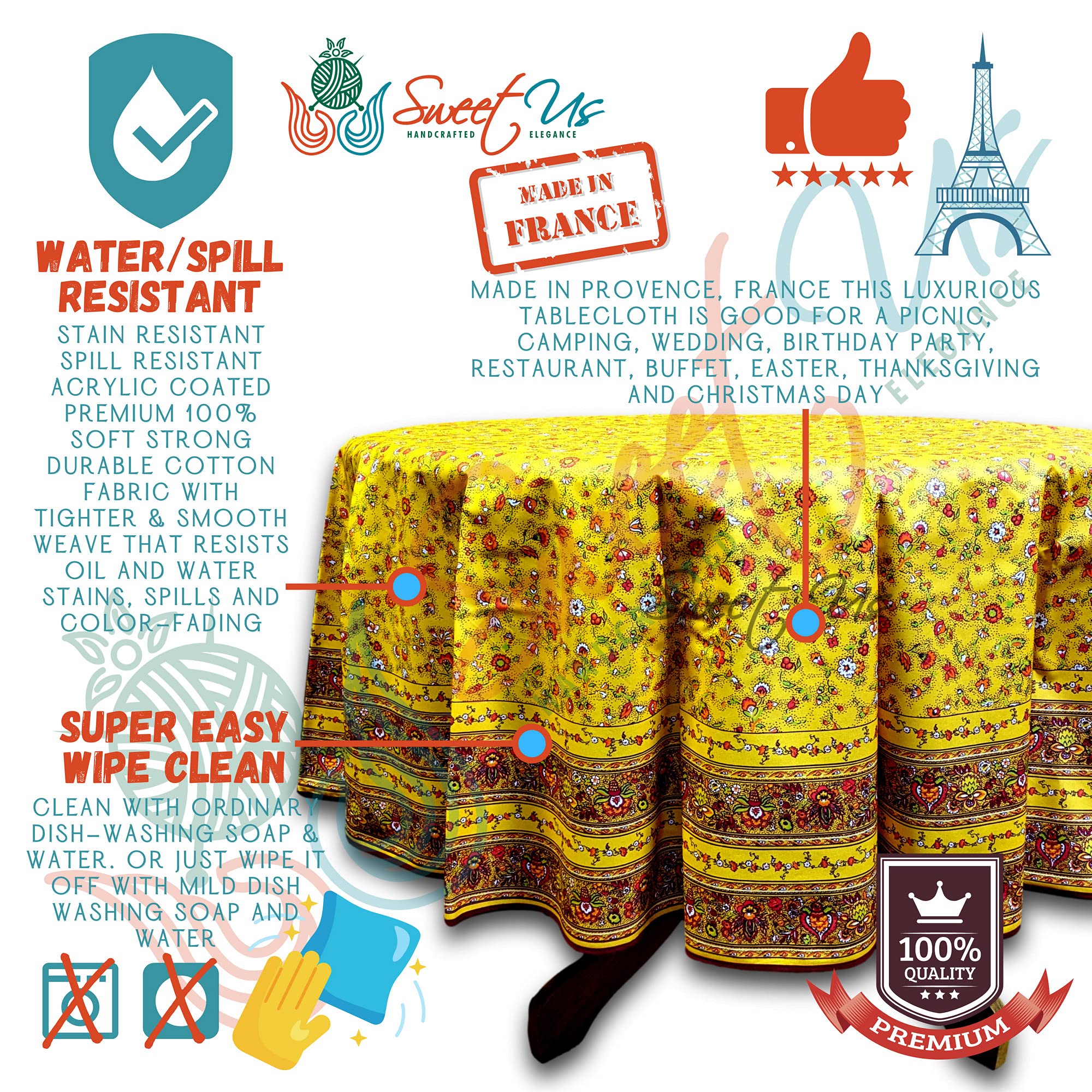 Spill-Resistant Wipeable Acrylic Coated Floral Cotton Tablecloth - French Provencal Style Round Table Cover 71 Inch, Yellow | Perfect for Kitchen, Dining Room & Outdoor Picnics