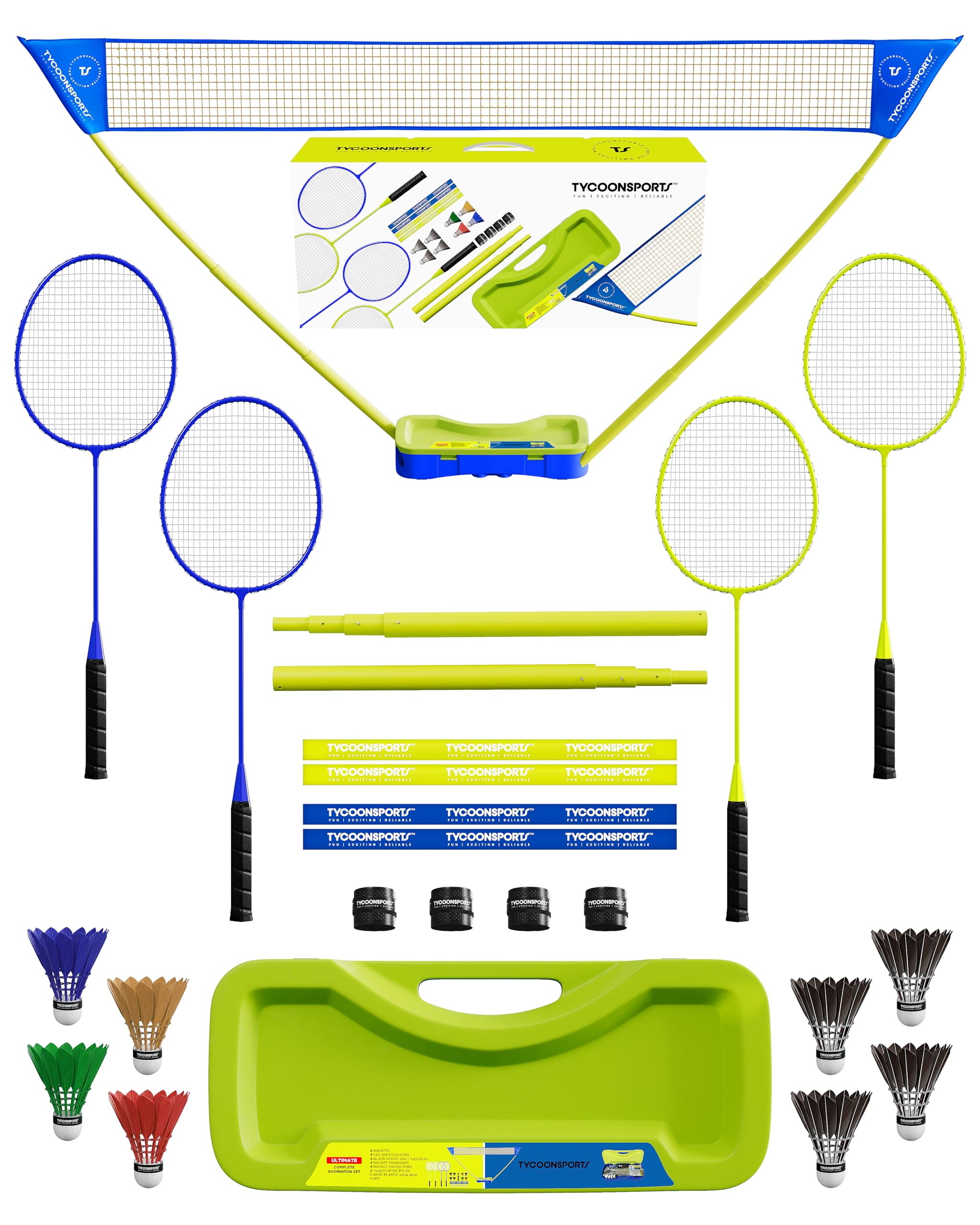 Complete Badminton Set with Portable Net Stand - 10x5ft Badminton Net, 4 Rackets, 8 Shuttlecocks (4 LED & 4 Feather), 4 Overgrips & Protectors - Includes Durable Carry Case for Backyard, Beach & Indoor Games