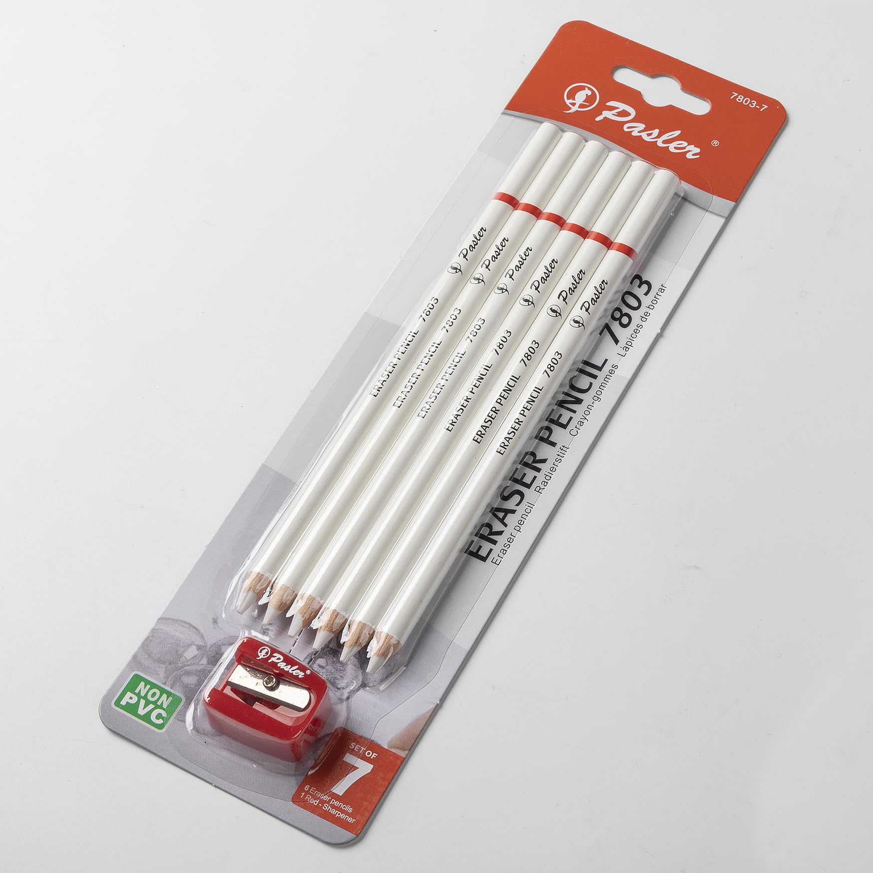 Pasler® 7803 Detail Eraser Pencil Set with Sharpener - 7-Pack Professional Sketching & Colored Illustration Tools for Artists, Designers, and Students - Perfect for Fine Art, Technical Drawing, and Classroom Use
