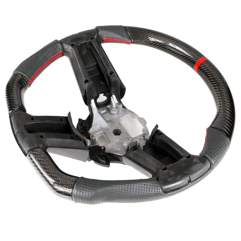 IKON MOTORSPORTS Black Carbon Fiber & Perforated Leather Steering Wheel with Red Stitching - Compatible with 2010-2014 Ford Mustang | Brushed Aluminum Trim | Perfect for Car Enthusiasts & Performance Upgrades