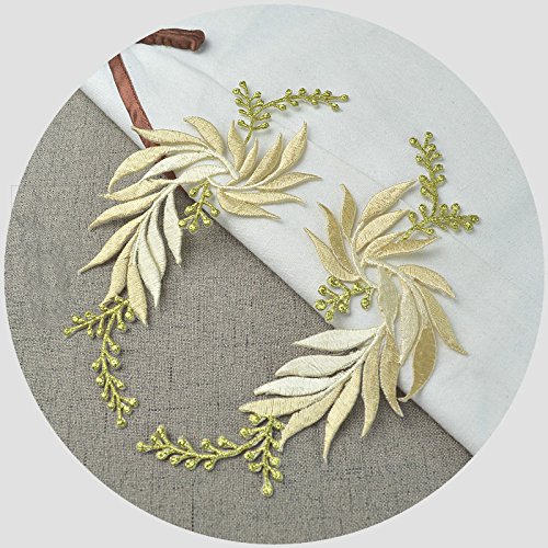 Handmade Applique Embroidered Iron Leaf Flowers (Champagne) - 1 Pair - Elegant Home Decor for Wall, Wedding, Party & DIY Crafts