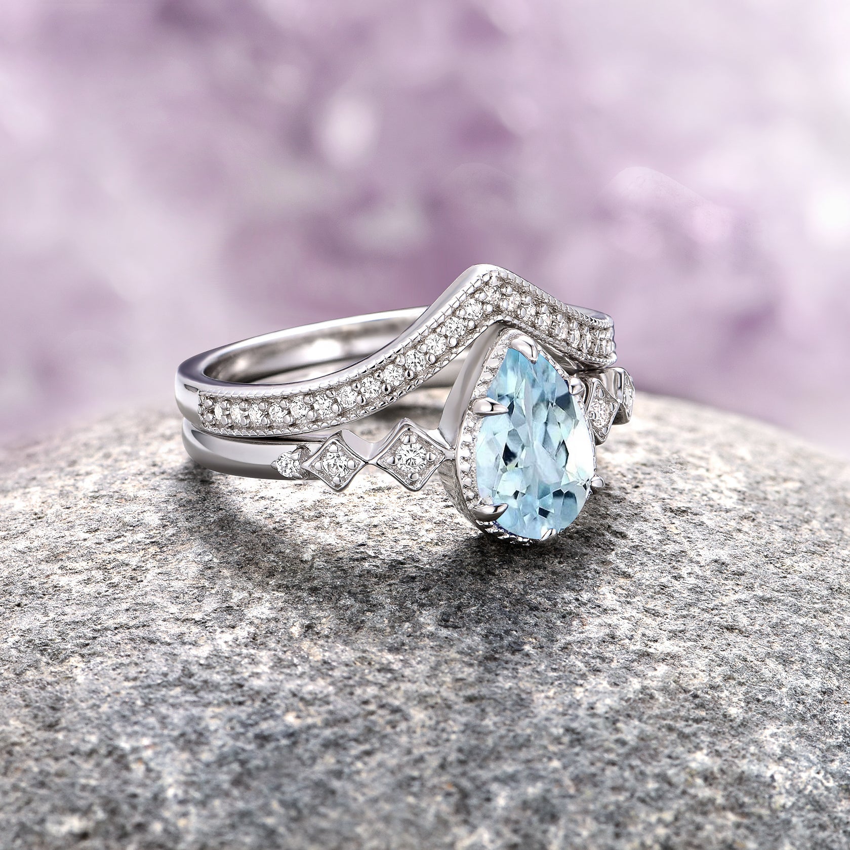 Exquisite 14K White Gold Teardrop Aquamarine Engagement Ring Set | Elegant Wedding & Proposal Jewelry for Her