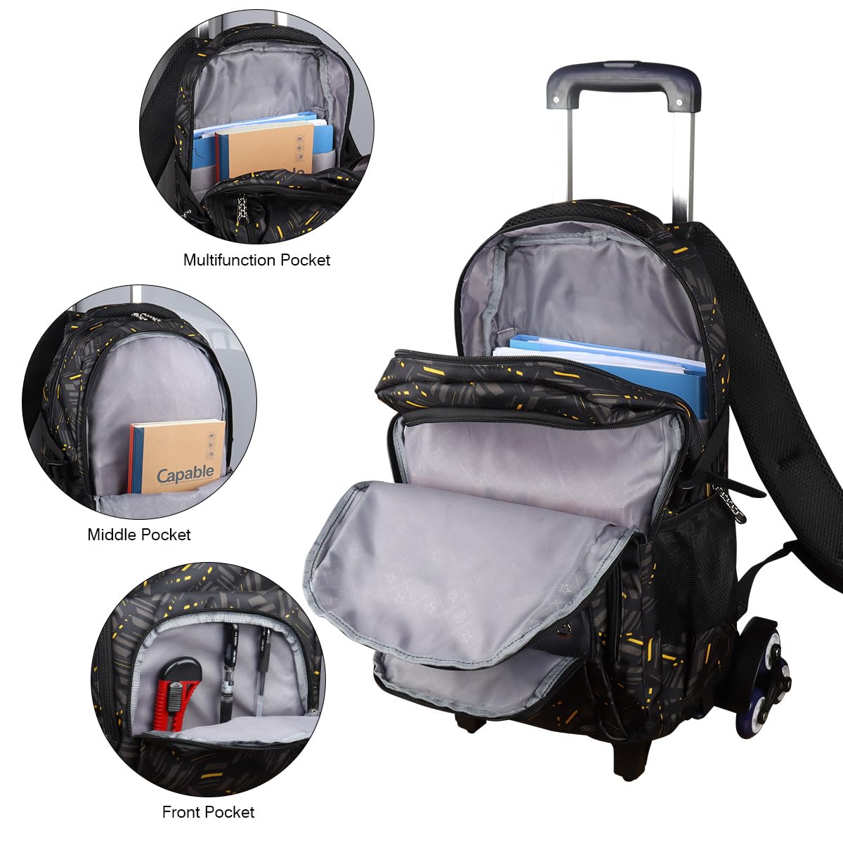 Rolling Backpack with Wheels - High Capacity School Backpack for Students, Travel & Commuting - Durable Black & Yellow Design for Stairs & Everyday Use
