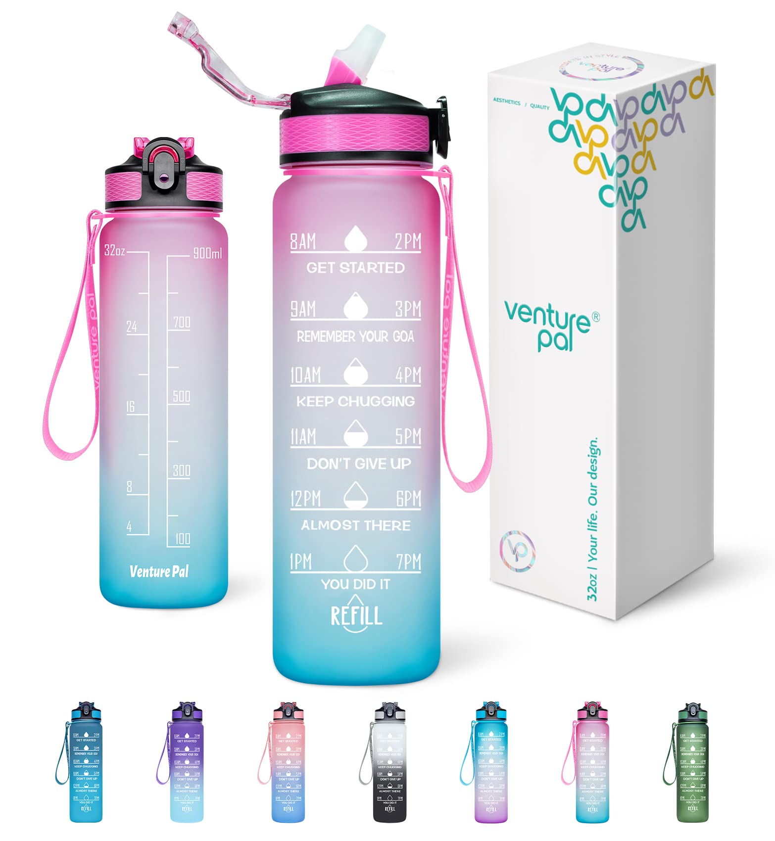 Venture Pal 32 oz Motivational Water Bottle with Straw & Time Marker - Track Daily Water Intake, Stay Hydrated - Perfect for Gym, Work, School & Outdoor Activities