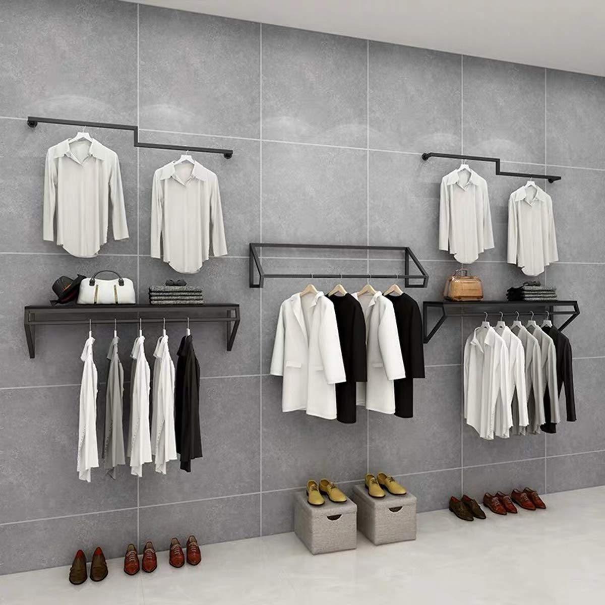 Modern Heavy Duty Metal Garment Rack with Wood - Wall Mounted Clothes Rail for Men's & Women's Clothing Store, Bathroom Towel Hanger - Black Square Tube (B-59 L) - Perfect for Retail Displays, Home Organization & Space-Saving Storage