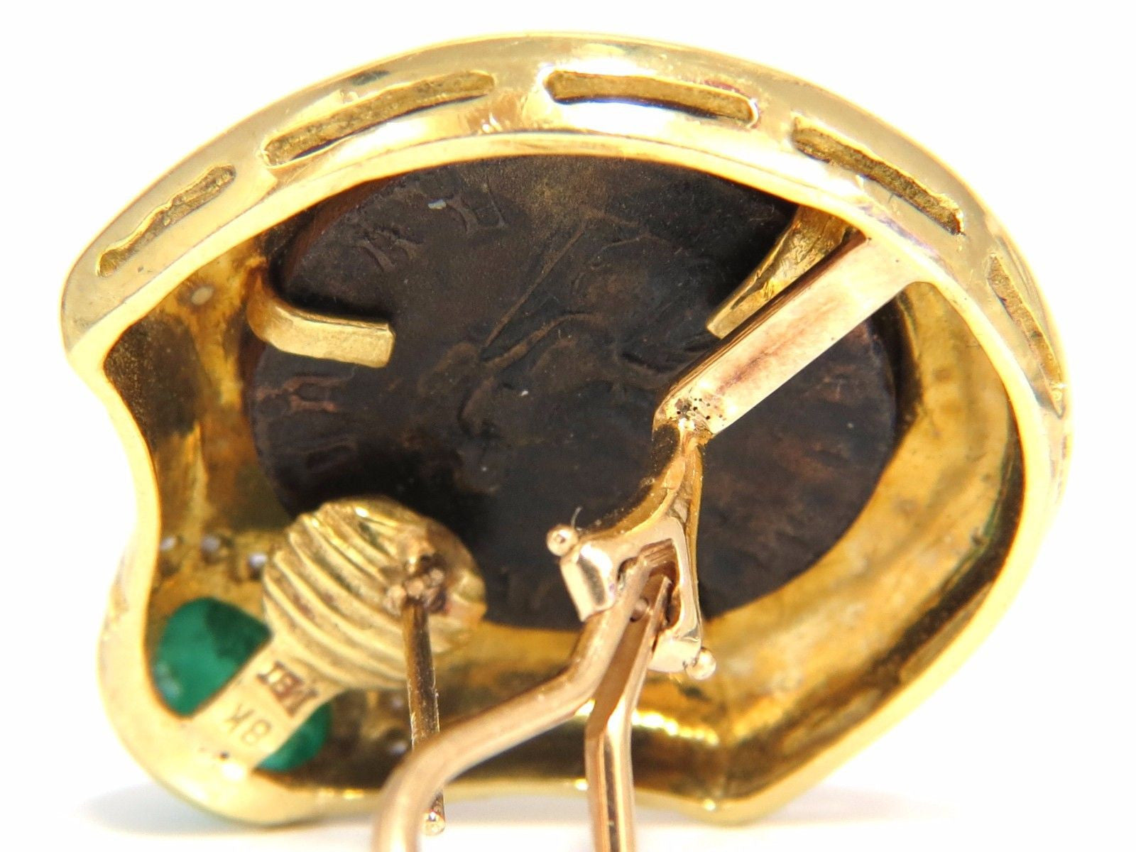 18Kt Gold 1.80ct Natural Emerald Diamond Coin Clip Earrings Byzantine Deco Style - Perfect for Weddings, Parties & Special Occasions