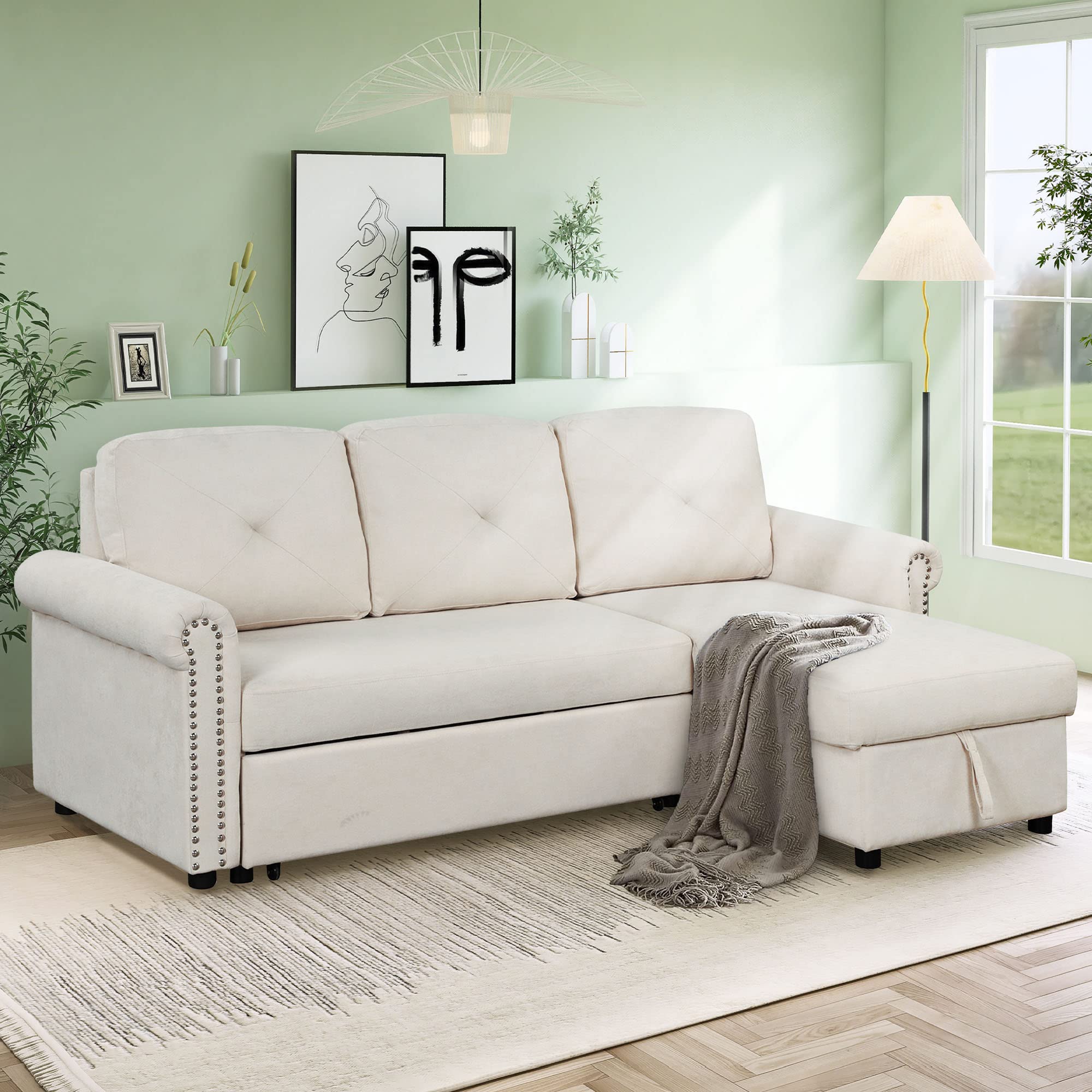 P PURLOVE Convertible Sectional Sofa Bed - 3-Seater L-Shaped Sleeper Couch with Storage Chaise & Pull-Out Mechanism | Modern Living Room Furniture Set (Beige) | Perfect for Small Spaces, Guest Rooms & Apartments