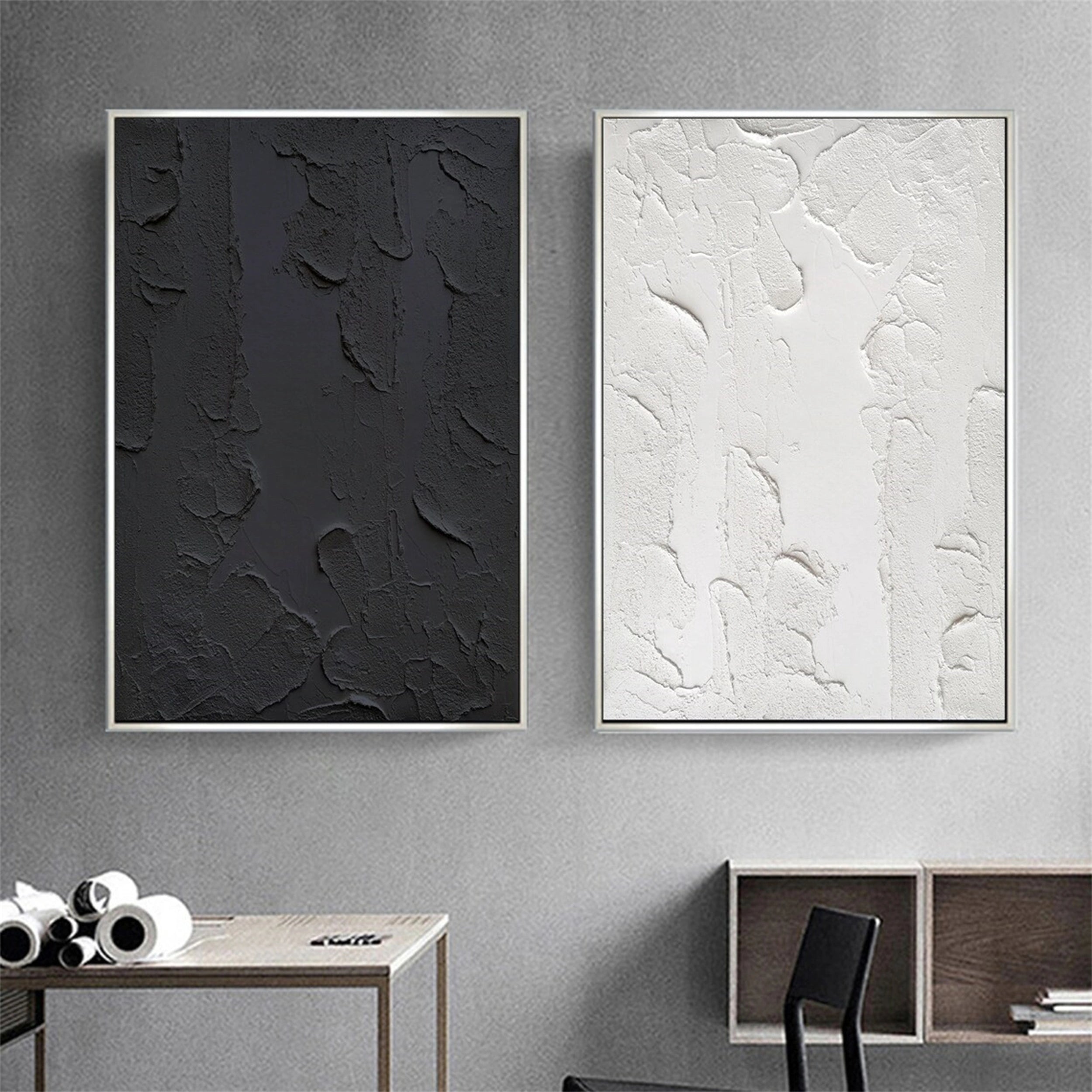 Modern Black and White Textured Minimalist Wall Art - Set of 2 Abstract Canvas Prints (#MZ074) | Perfect for Living Room, Bedroom & Office Decor