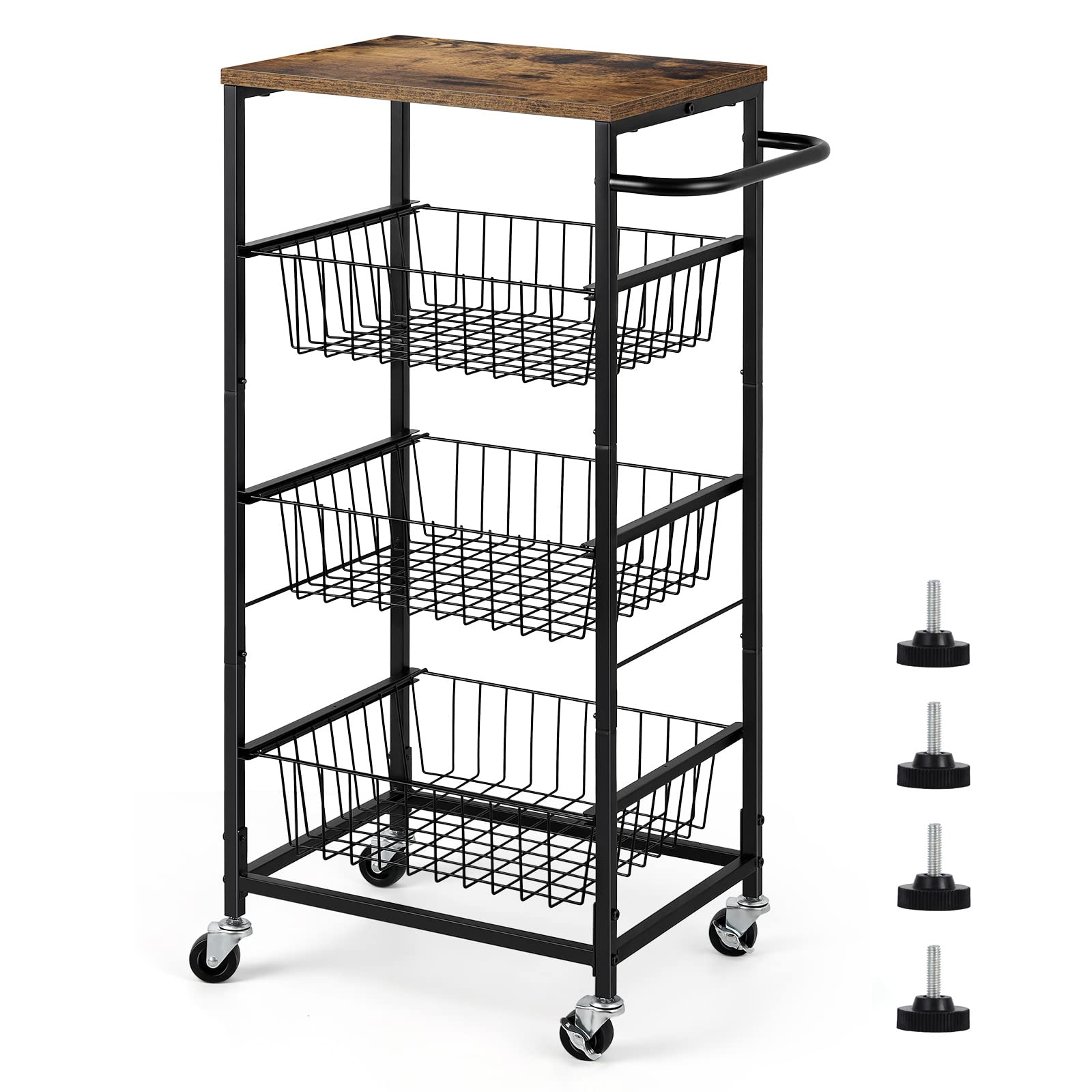 Smusei 4-Tier Rolling Kitchen Cart with Pull-Out Baskets - Mobile Metal Utility Storage Cart for Home, Bathroom, Pantry Organization - Perfect for Small Spaces, Kitchen Prep & Bathroom Storage