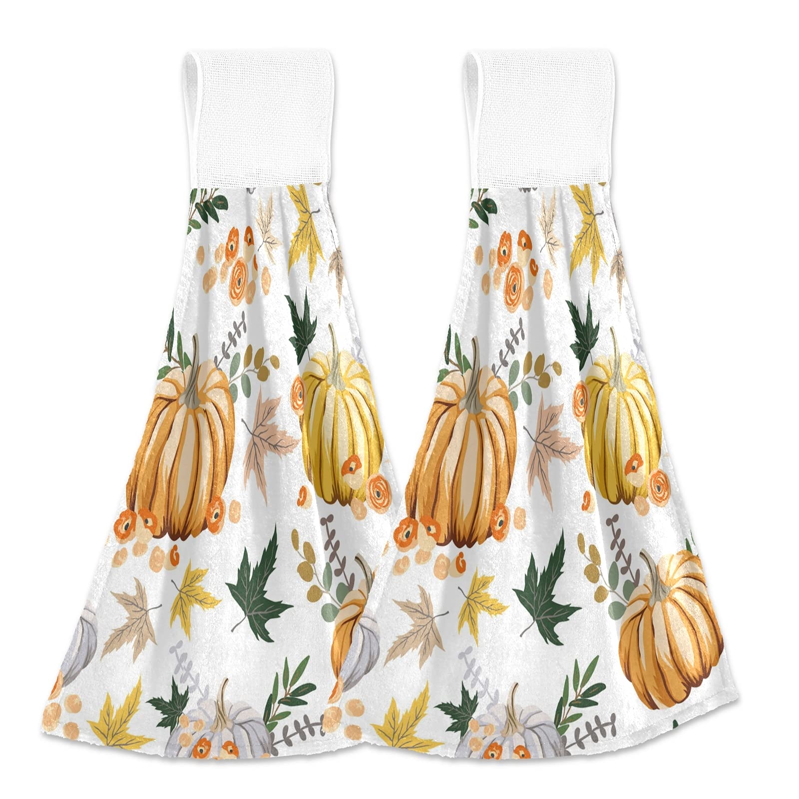 Autumn Pumpkins Maple Leaf Hanging Kitchen Towels Set of 2 - Absorbent Fast Drying Dish Cloths for Fall Decor, Tea Bar, Bathroom & Laundry Room - Perfect for Seasonal Home Decor and Holiday Hostess Gifts