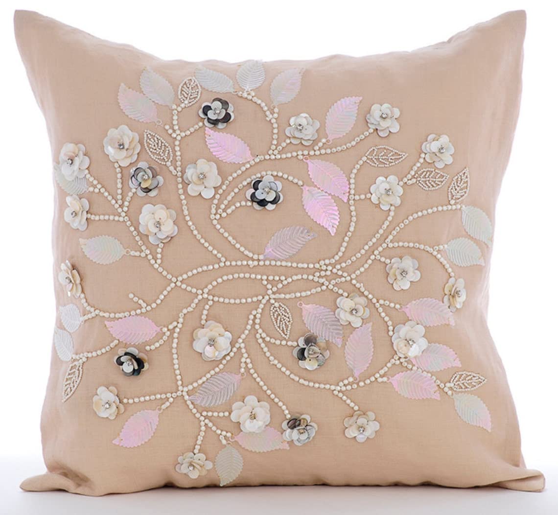 HomeCentric Beige 24x24 Inch (60x60 cm) Square Cotton Linen Pillow Cover with 3D Mother of Pearl Floral Design - Victorian Style Decorative Pillow Sham for Living Room, Bedroom & Sofa