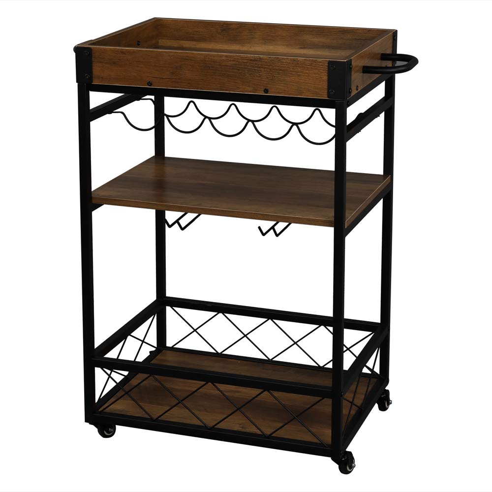 Lazyspace Bar Cart with Wine Rack - Mobile Kitchen Serving Cart with Storage & Glass Holder, Removable Wood Tray - Industrial Rolling Wine Cart with Handle for Home, Office, or Party Use - Brown