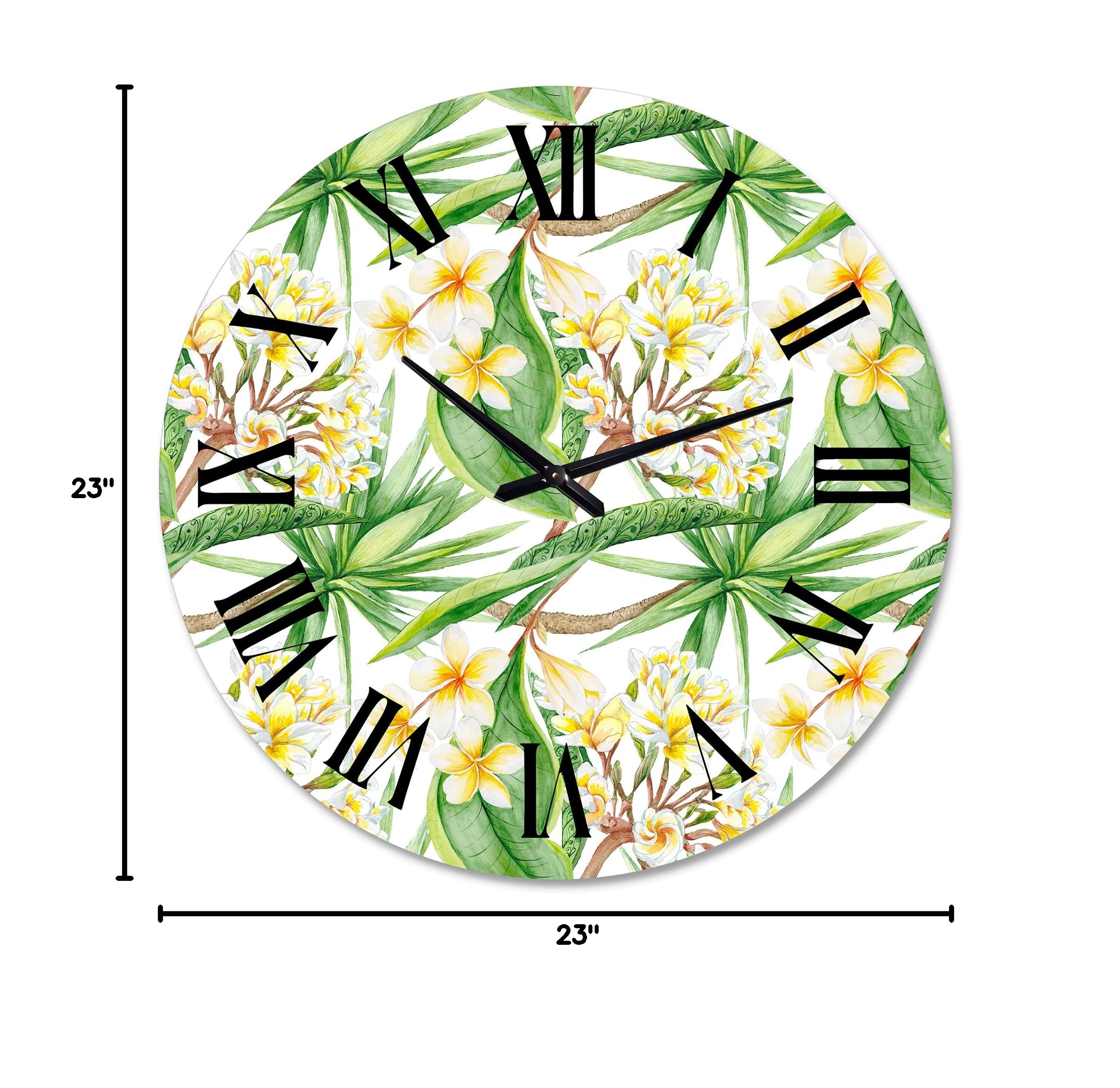 DesignQ Modern Wall Clock 'Tropical Foliage & Yellow Flowers VI' - Large Floral Botanical Wall Clock for Living Room, Bedroom, Office Decor - Perfect for Home, Office & Gift Giving