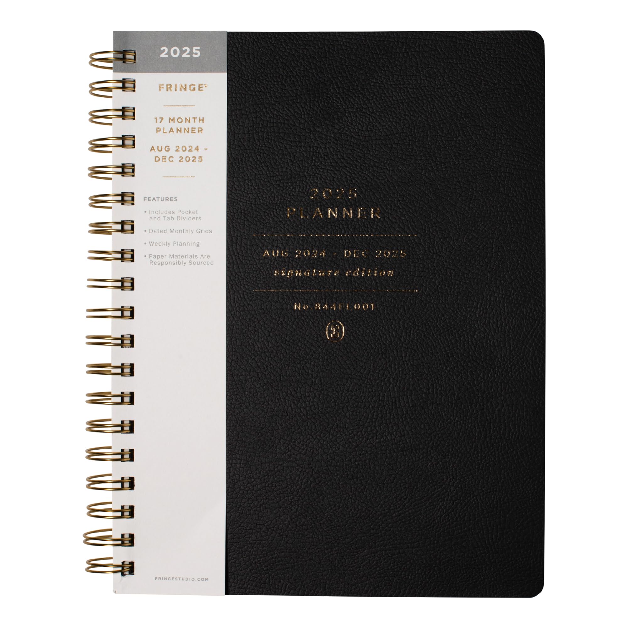 Fringe Studio 2025 Spiral Weekly Planner - August 2024 to December 2025, 17-Month Academic Planner with Faux Leather Cover, Standard Black, 6.875