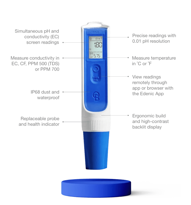 Bluelab OnePen pH EC and Temperature Meter - Digital Water Tester for Hydroponics, Aquariums, and Indoor Gardening