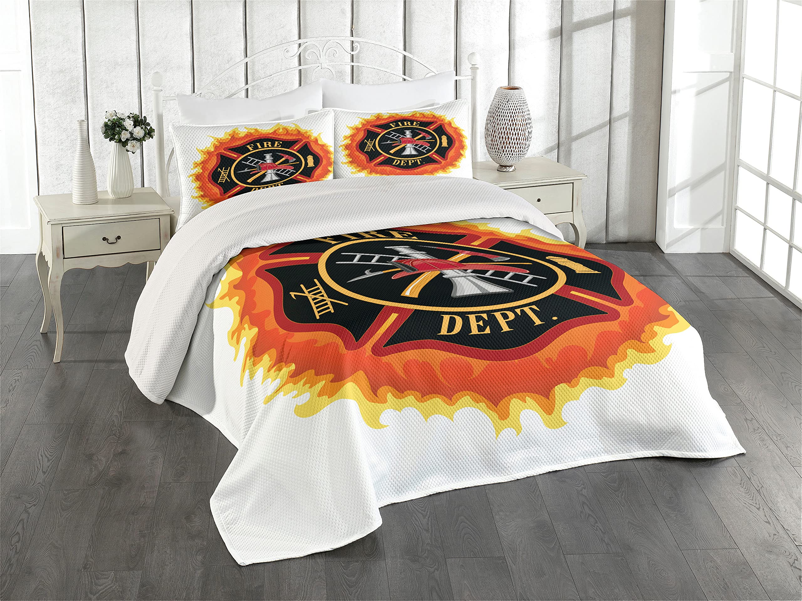 Lunarable Public Service Themed Quilted Bedspread Set - 3 Piece King Size Coverlet with 2 Pillow Shams, Firefighter Ladder & Extinguisher Design, Multicolor Decorative Bedding for Fire Station Appreciation Gifts or First Responder Home Decor