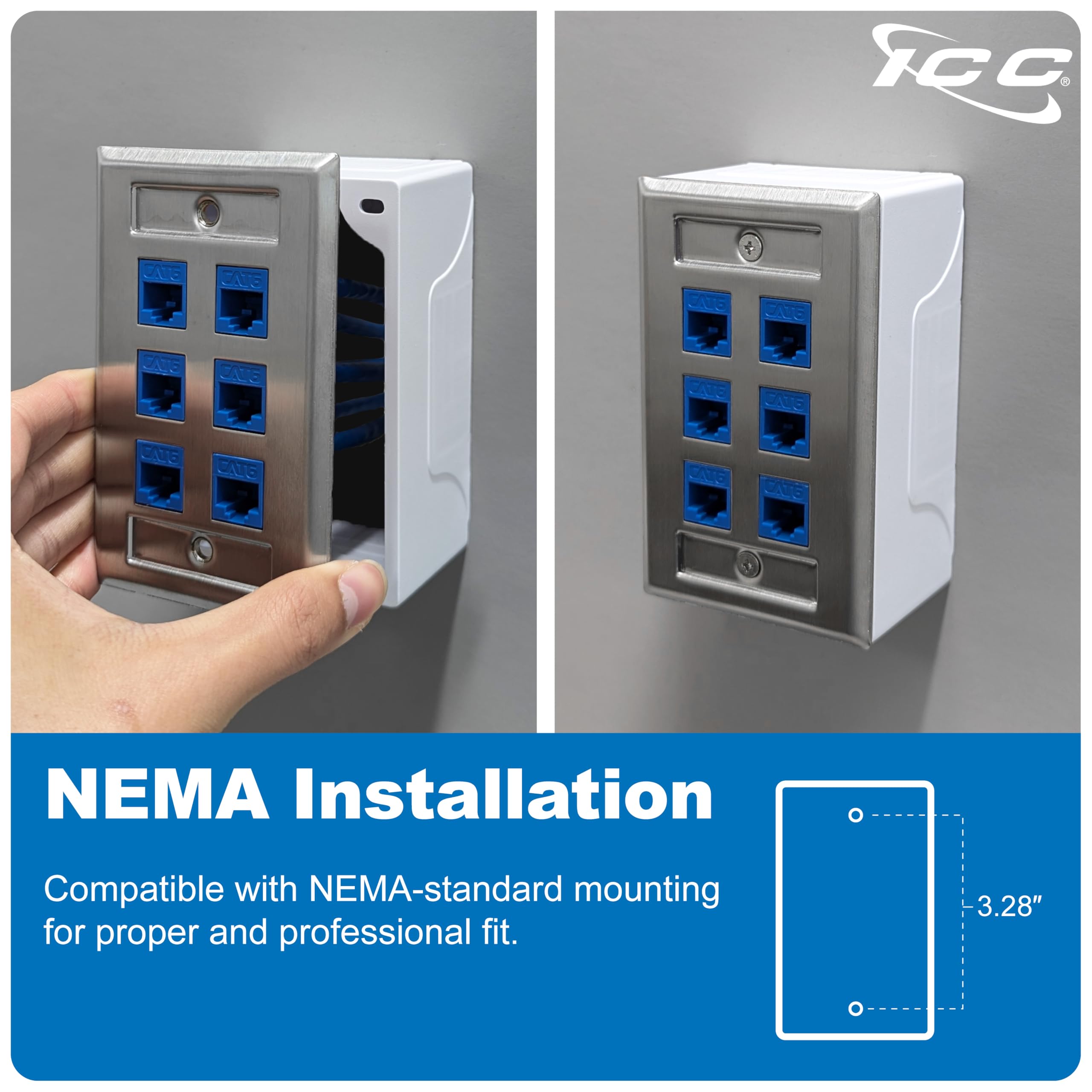 ICC Station 6-Port Stainless Steel Faceplate for EZ/HD Style Single Gang - Ideal for Network Racks, Server Rooms & Office Wiring Installations