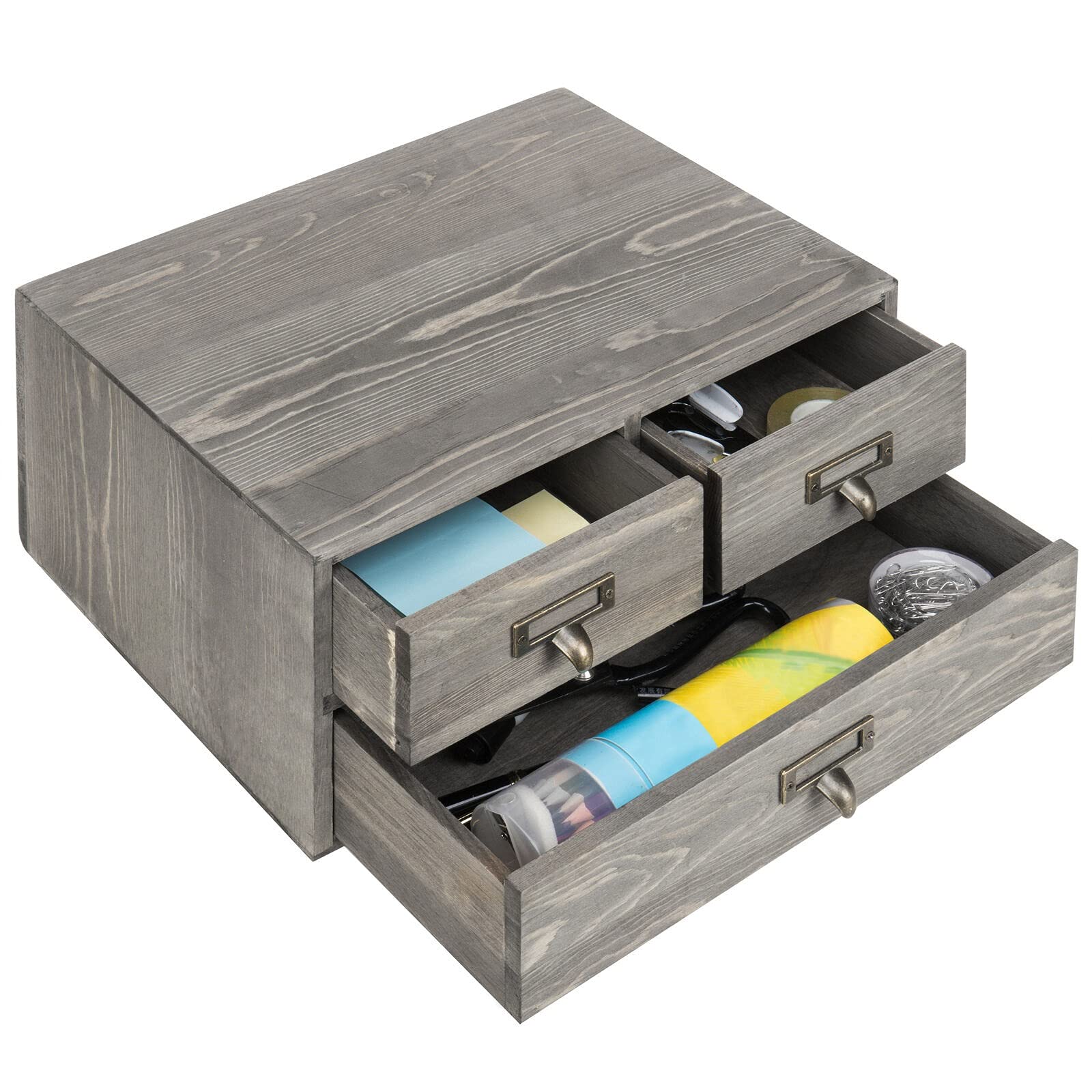 Vintage Gray Wooden 3-Drawer Desktop Organizer - Stylish Office Desk Storage for Pens, Papers & Supplies - Perfect for Home Office, Study & Workspace Organization