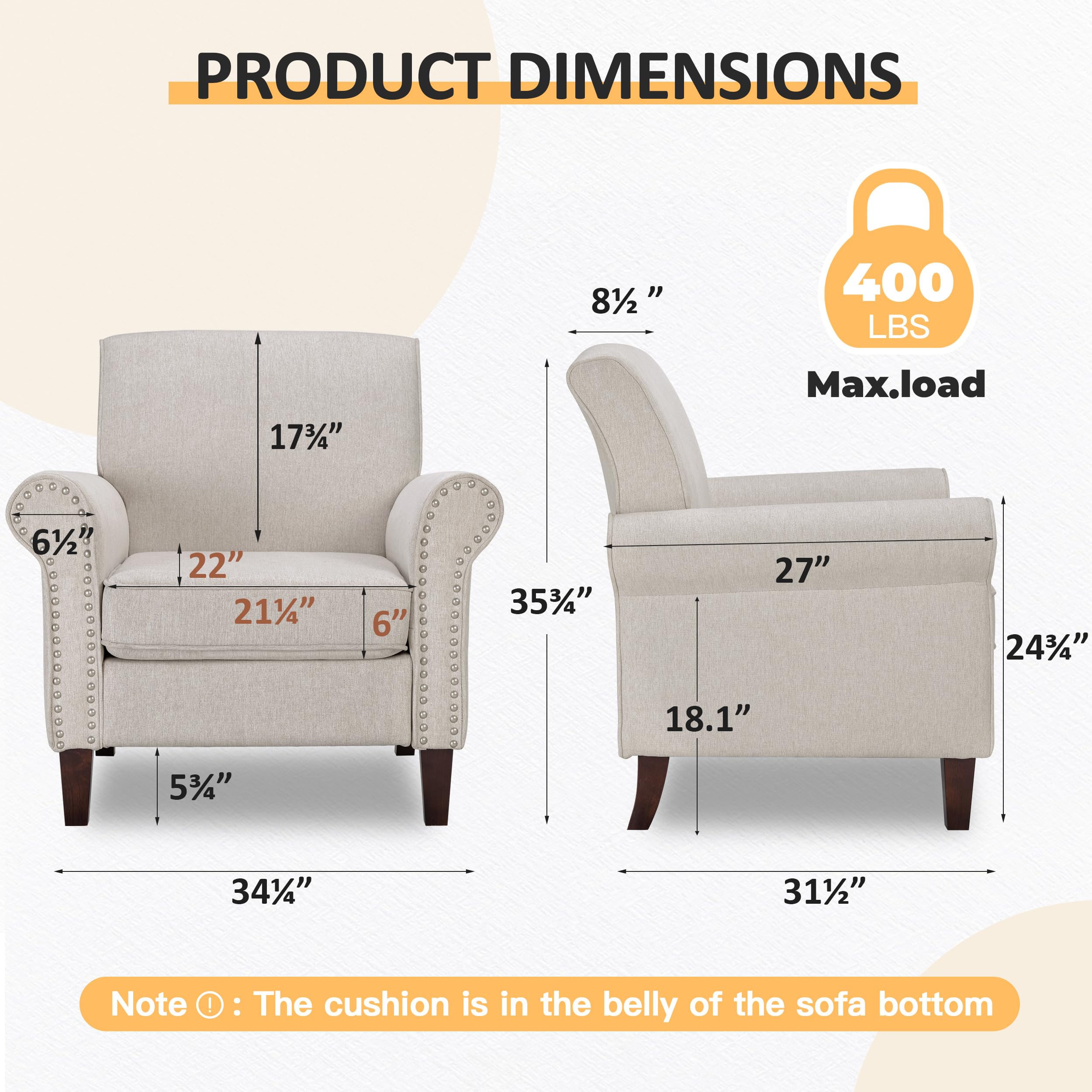 PrimeZone Comfy Accent Chair - Mid-Century Modern Fabric Living Room Chair with Soft Cushion, Nailhead Trim & Rolled Armrest - Armchair for Bedroom, Office, Waiting Room - Perfect for Reading, Relaxing & Home Decor (Beige)