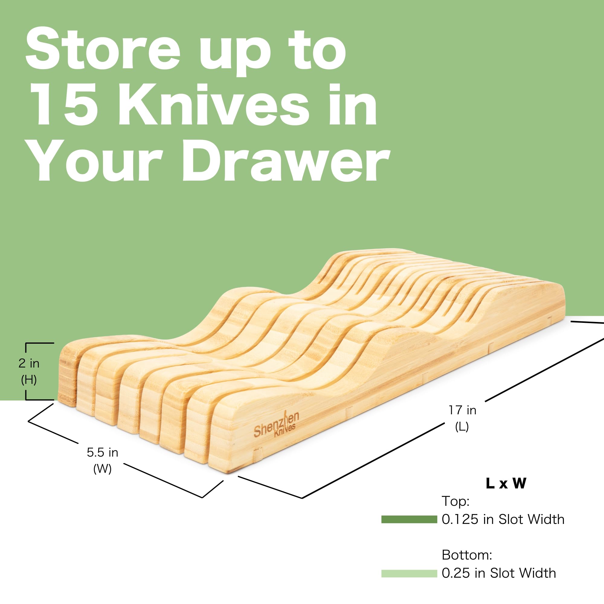 Large Bamboo Knife Block - 15 Slot Drawer Organizer for Kitchen Knives Storage