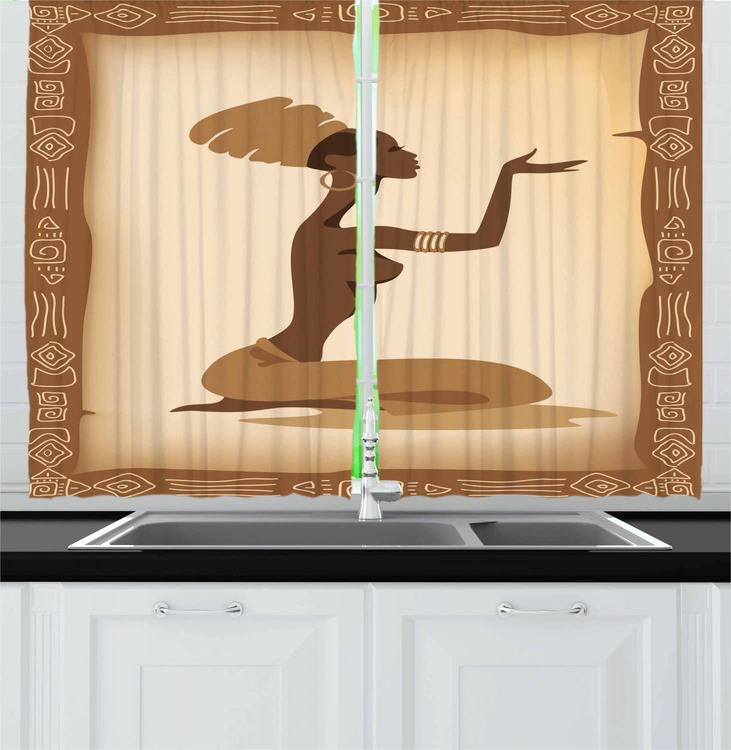 Ambesonne African Long Kitchen Curtains - Folk Art Native Lady Design with Rod Pocket, Brown & Pale Brown 55x45 Inch - Perfect for Boho, Farmhouse & Tribal Home Decor (Set of 2 Panels)