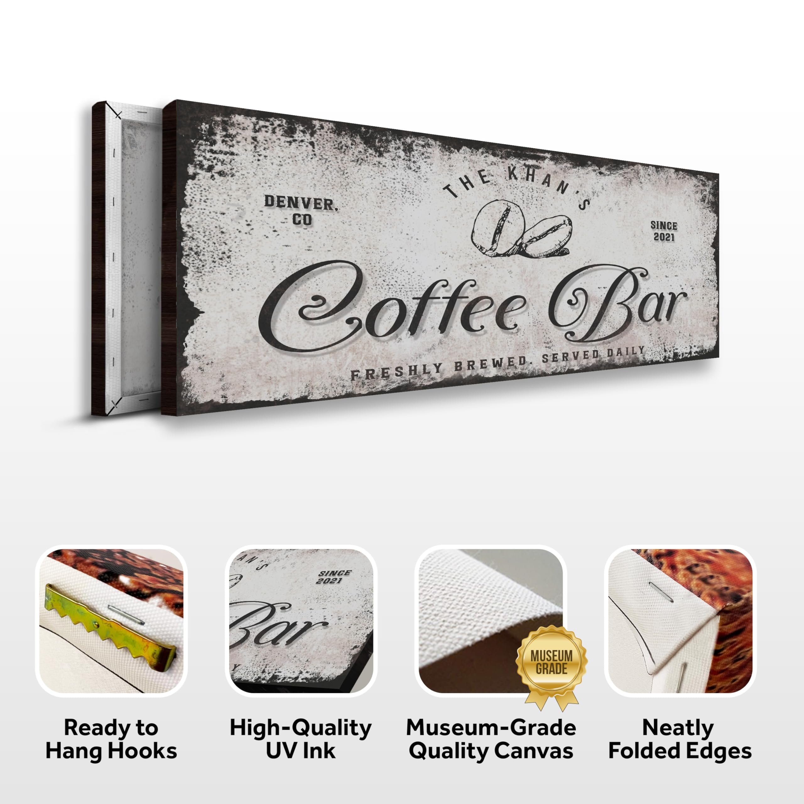 Custom Coffee Bar Sign - Personalized Grey Rustic Coffee Beans Wall Art - 48x16in Canvas Decor for Home, Kitchen, Coffee Station, Office & Business - Perfect for Farmhouse, Café & Wedding Decor