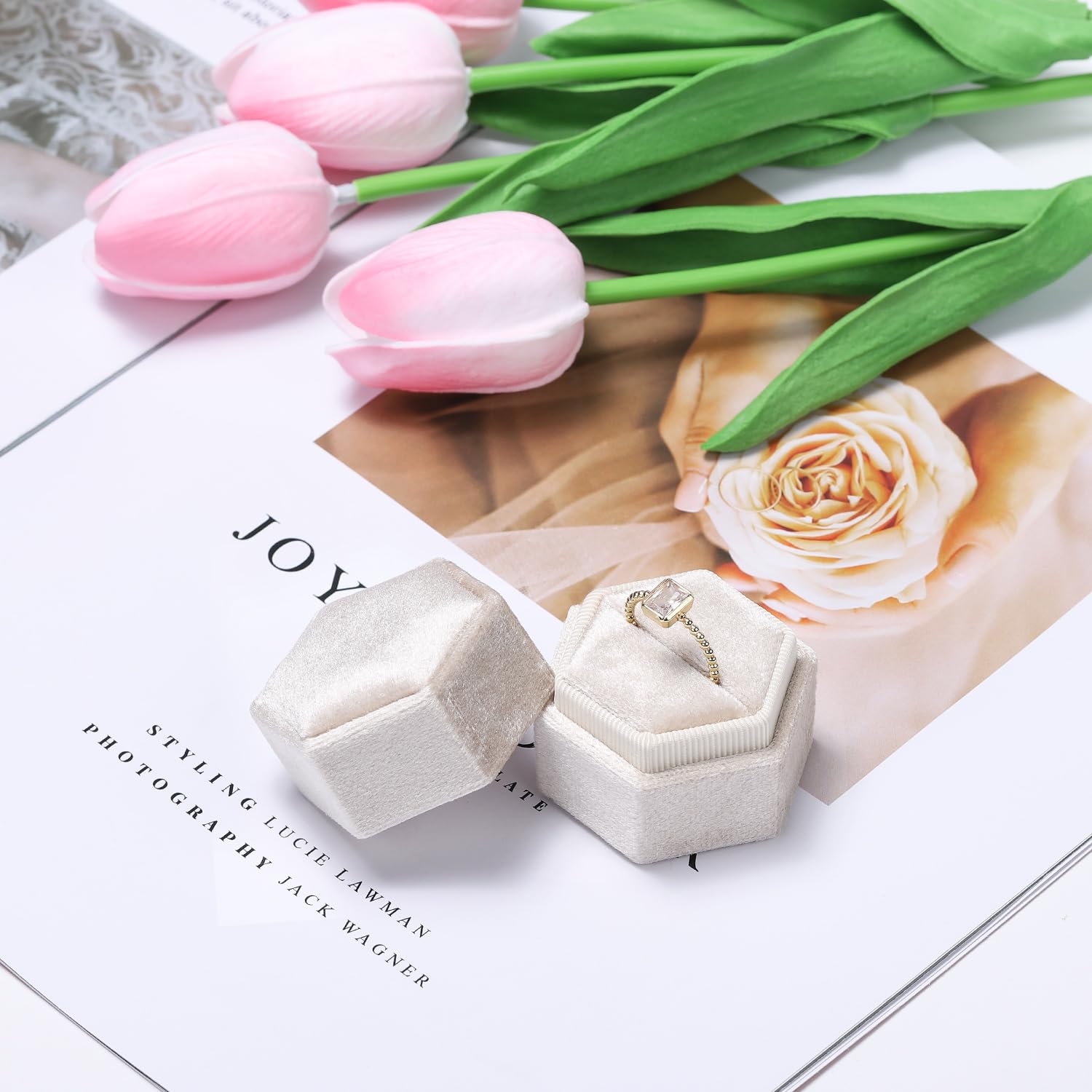 Etercycle Velvet Ring Box - Vintage Hexagon Premium Jewelry Display Holder with Detachable Lid for Wedding, Proposal & Engagement Gifts (Beige, 1 Slot) | Perfect for Bridal Showers, Anniversary Presents & Romantic Surprises