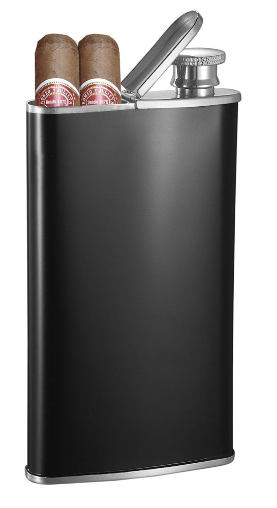 Visol Edian 4 oz Stainless Steel Flask with Cigar Case - Black Matte Finish - Perfect for Outdoor Adventures, Camping, and Gifts for Men