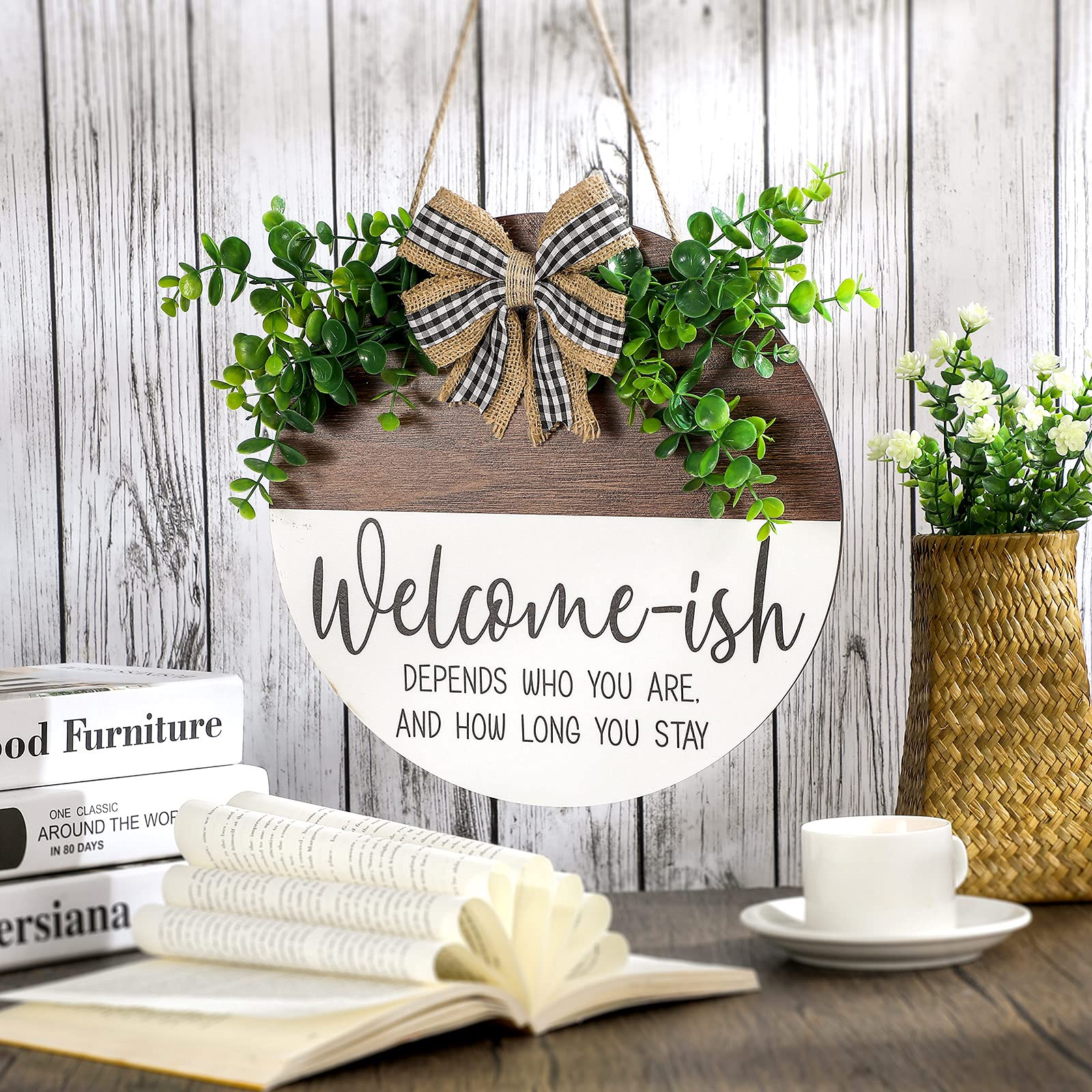 Funny Welcome Sign for Front Door - Rustic Wooden Plaque with Wreath Hanger, Farmhouse Porch Decor, 12 x 12 Inch Round Wall Art - Perfect for Home Entryway, Housewarming Gifts & Farmhouse Style Decorations