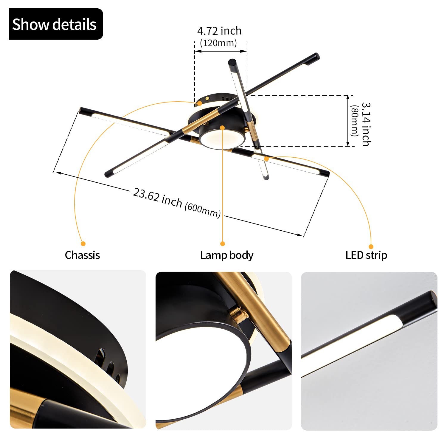 Modern Black & Gold Industrial Sputnik LED Ceiling Light Fixture - 23.6 Inch 4000K Warm White - Decorative Lighting for Dining Room, Living Room, Bedroom - Perfect for Home, Office & Restaurant Ambiance