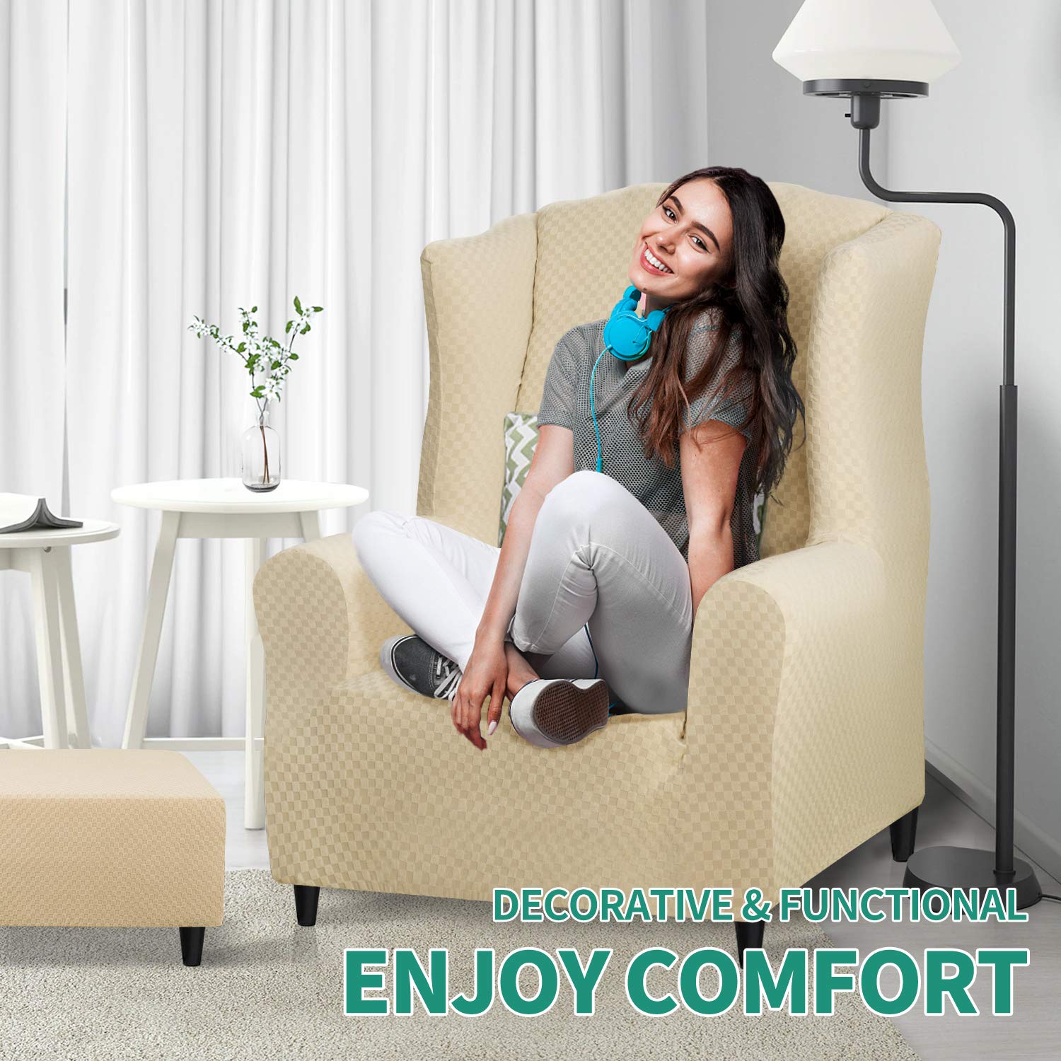 YEMYHOM Stretch Wingback Chair Slipcover - Jacquard Design Wing Chair Cover with Non-Slip Foam Rods, Furniture Protector for Living Room, Bedroom, Office - Beige (Fits Most Wingback Chairs) | Easy to Install & Wash, Perfect for Home Decor & Pet Protection
