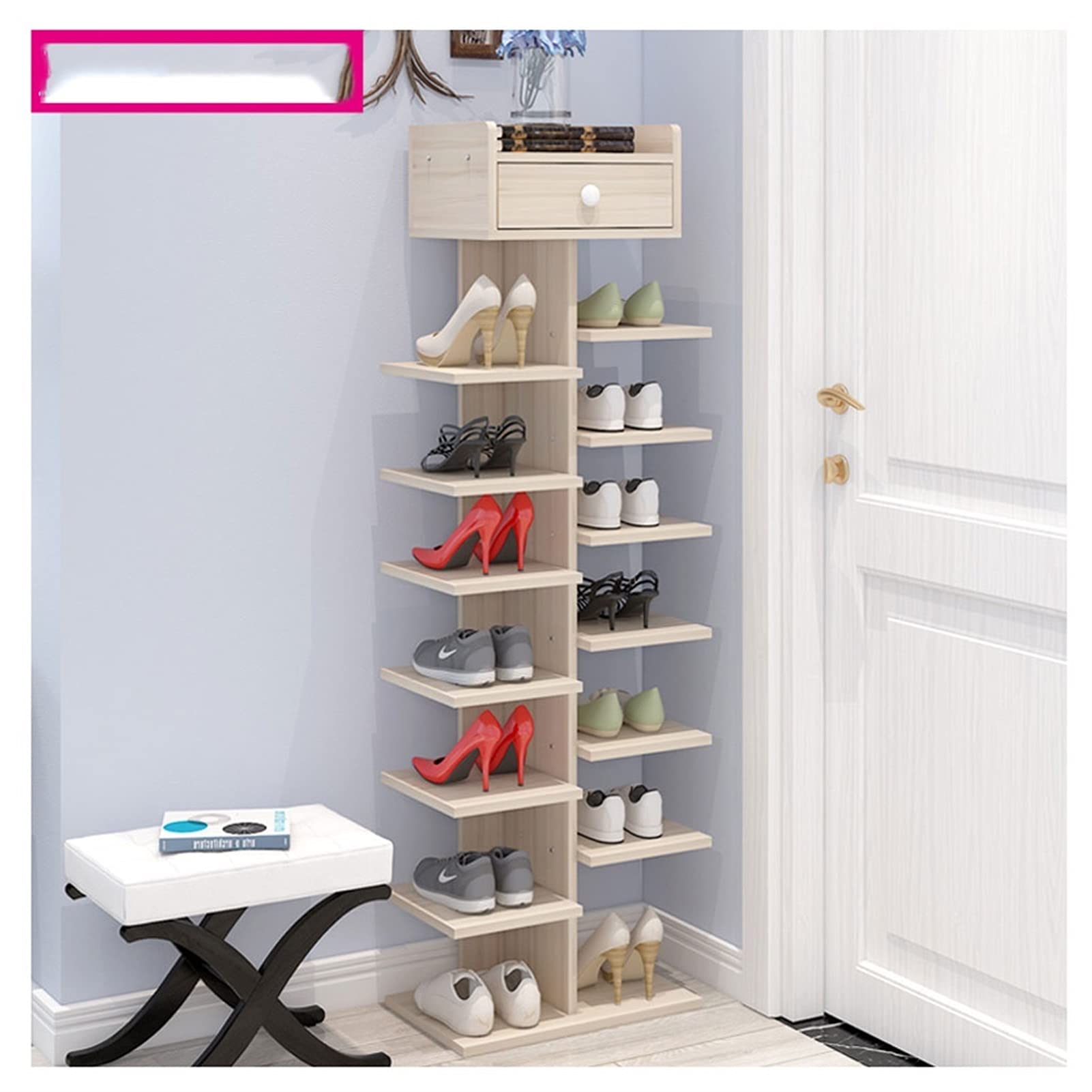 7-Tier Wooden Shoe Rack Organizer - Space Saving Entryway Shoe Storage Cabinet for Hallway, Living Room & Bathroom - Cherry Wood Finish - Perfect for Small Spaces & Closet Organization