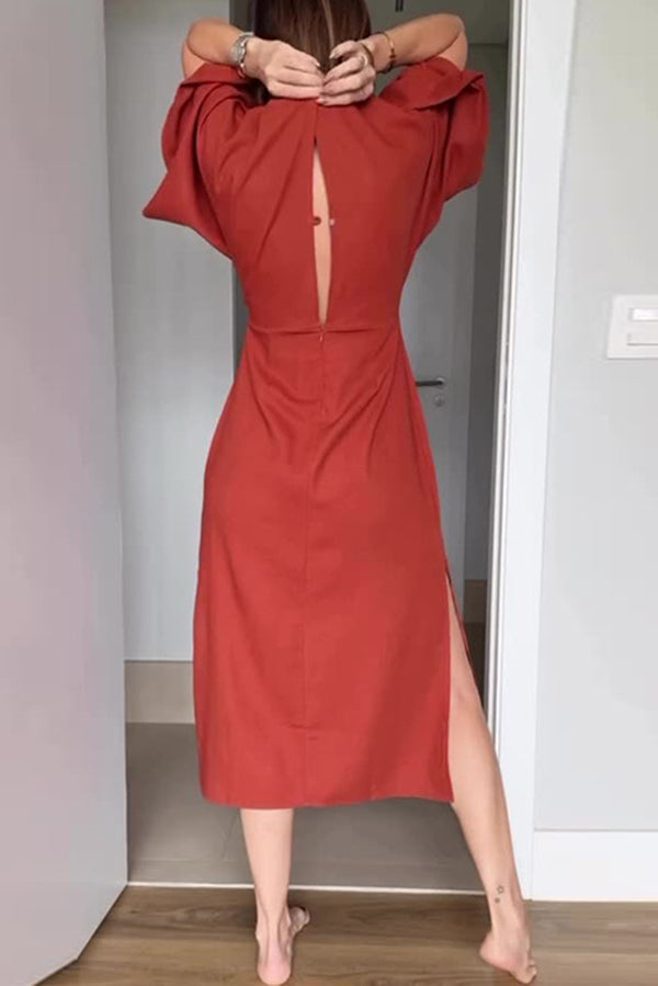 Solid Color V-Neck Half Sleeve Casual Waist-Tied Midi Dress for Women - Perfect for Summer Outings, Beach Vacations & Date Nights