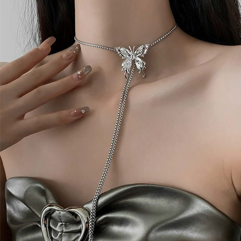 Elegant Multi-Way Lariat Butterfly Necklace with Tassel - Adjustable Layering Pendant for Women | Perfect for Parties, Weddings & Everyday Wear | HN3025