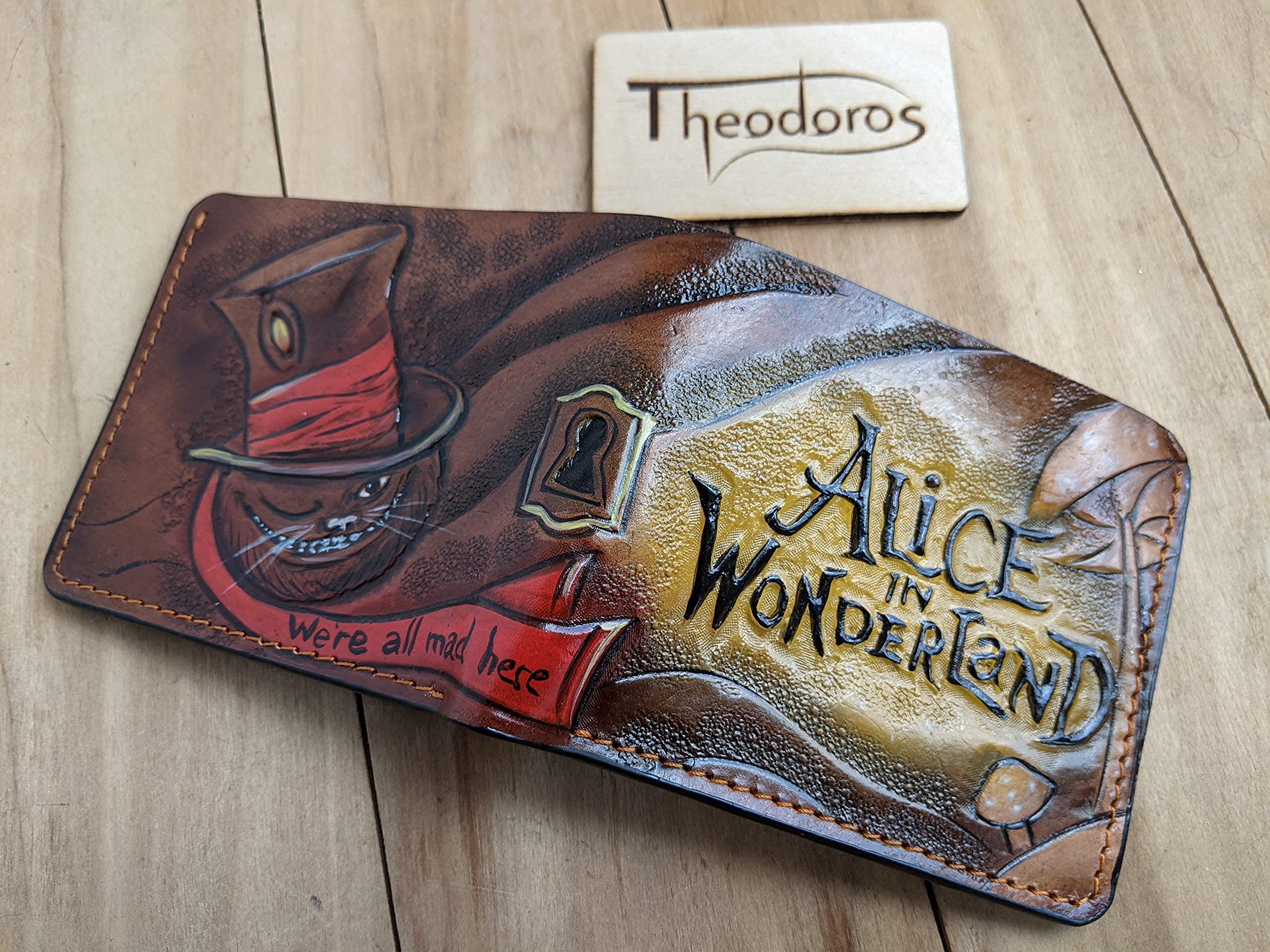 Alice in Wonderland Cheshire Cat RFID Bifold Wallet - Genuine Leather Men's Bifold Wallet with Whimsical Airbrush Art, Handmade Embossed Design - Perfect for Bikers, Gift Giving & Everyday Use